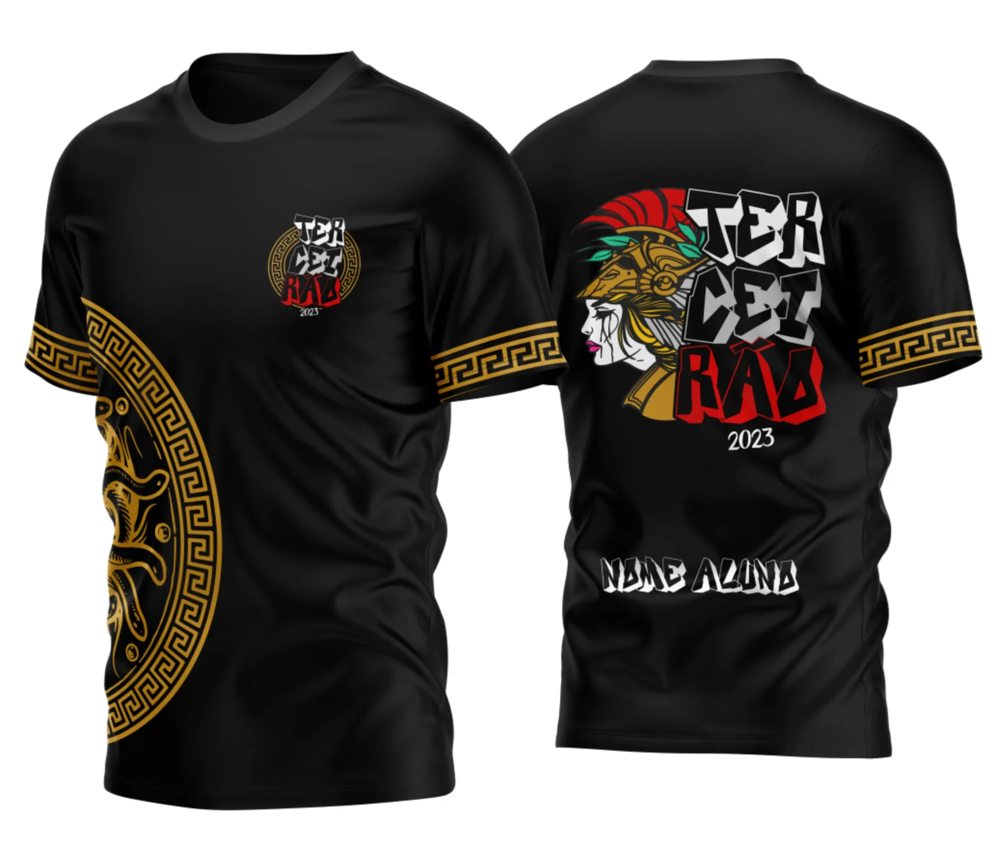 Camiseta unissex preta com logo no peito e estampa grande nas costas do Terceirão Valquíria 2026 com escudo marcante, perfeita para estudantes que querem estilo e identidade.