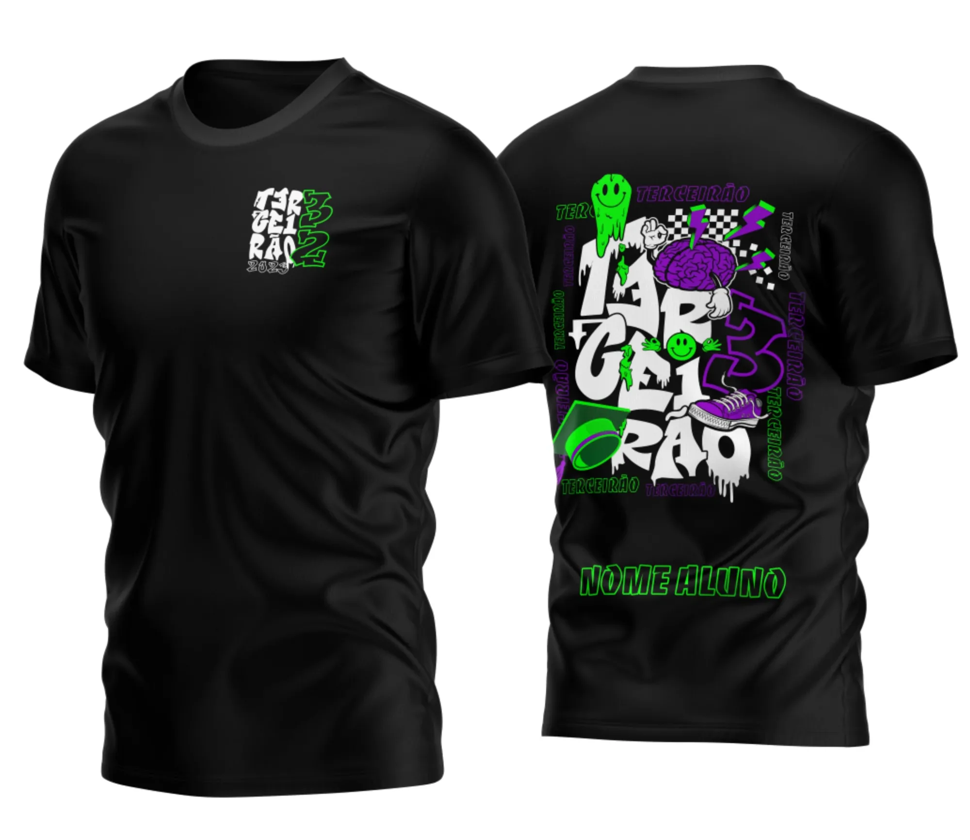 Camiseta unissex preta com logo no peito e estampa grande nas costas do tema Camisa Terceirão Chapéu 2026, perfeita para comemorar a turma de formandos com estilo e atitude.