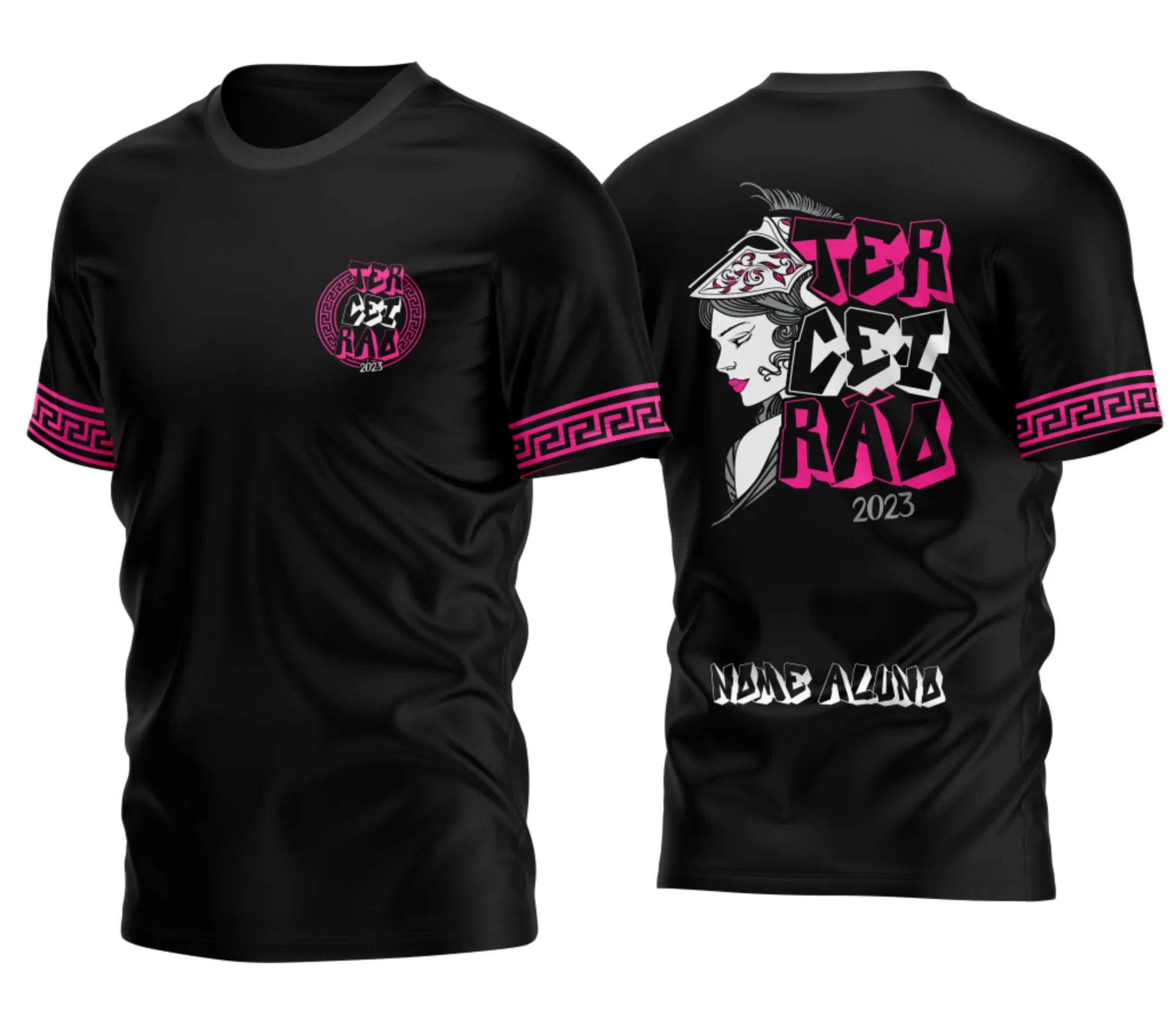 Camiseta unissex preta com logo no peito e estampa grande nas costas, tema Terceirão Athenas Rosa, meia manga e tecido confortável, ideal para estudantes do último ano.