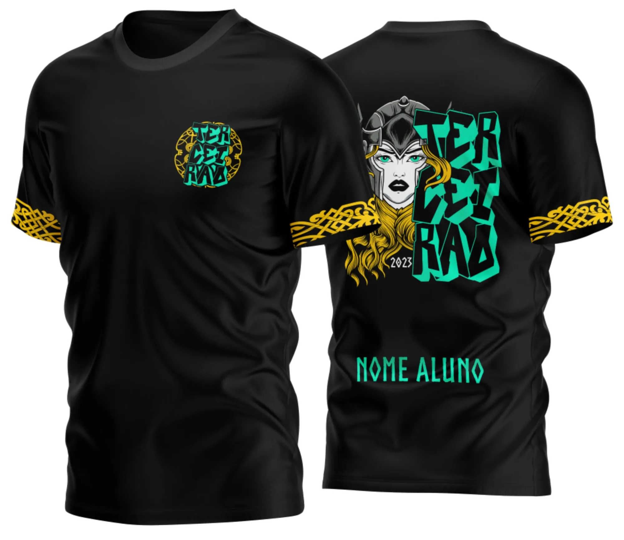 Camiseta unissex preta com logo no peito e estampa grande nas costas temática Terceirão Valquíria 2026, ideal para usar na celebração do último ano escolar.