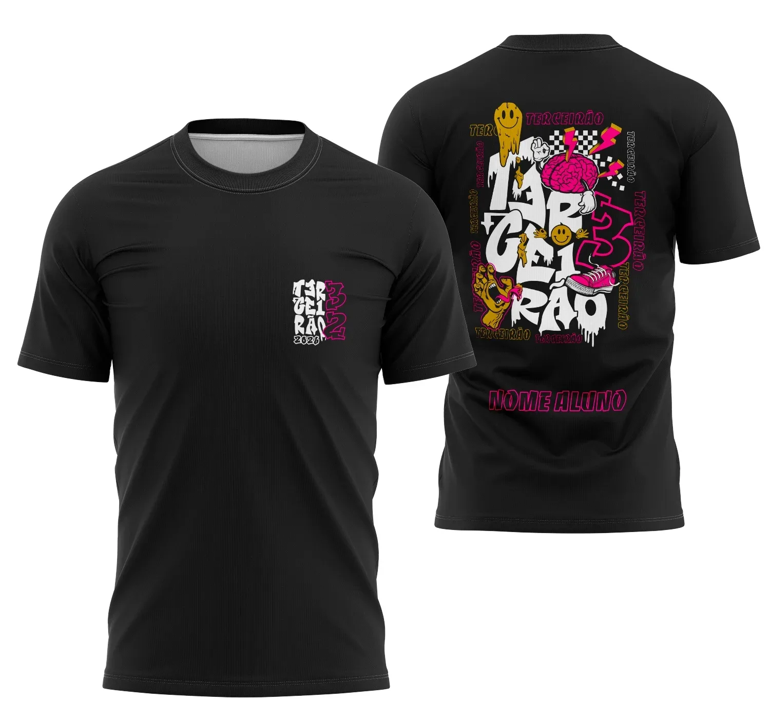 Camiseta unissex branca com logo no peito e estampa grande nas costas com tema Camisa Terceirão Rosa, destacando estilo e criatividade para ocasiões especiais.