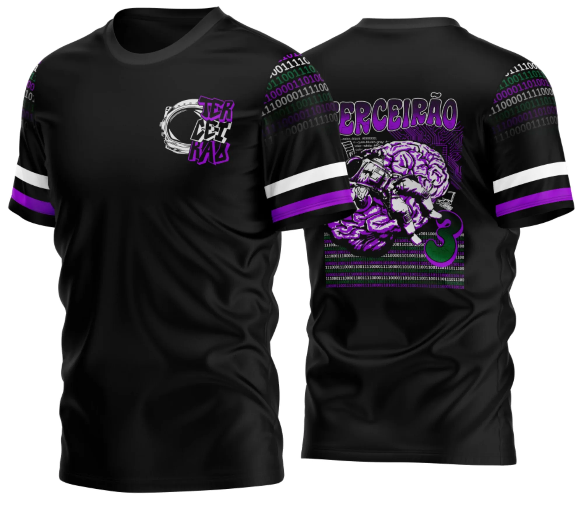 Camiseta unissex preta com logo no peito e estampa grande nas costas representando o tema Terceirão Astronauta Informática, estilo moderno e descolado para estudantes ou fãs de tecnologia.