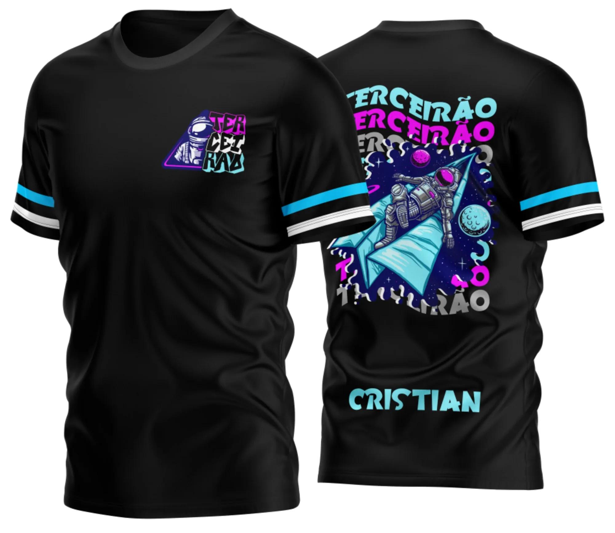 Camiseta unissex preta com logo no peito e estampa grande nas costas mostrando um astronauta, tema Camisa Terceirão Astronauta, perfeita para formandos com estilo moderno e descolado.