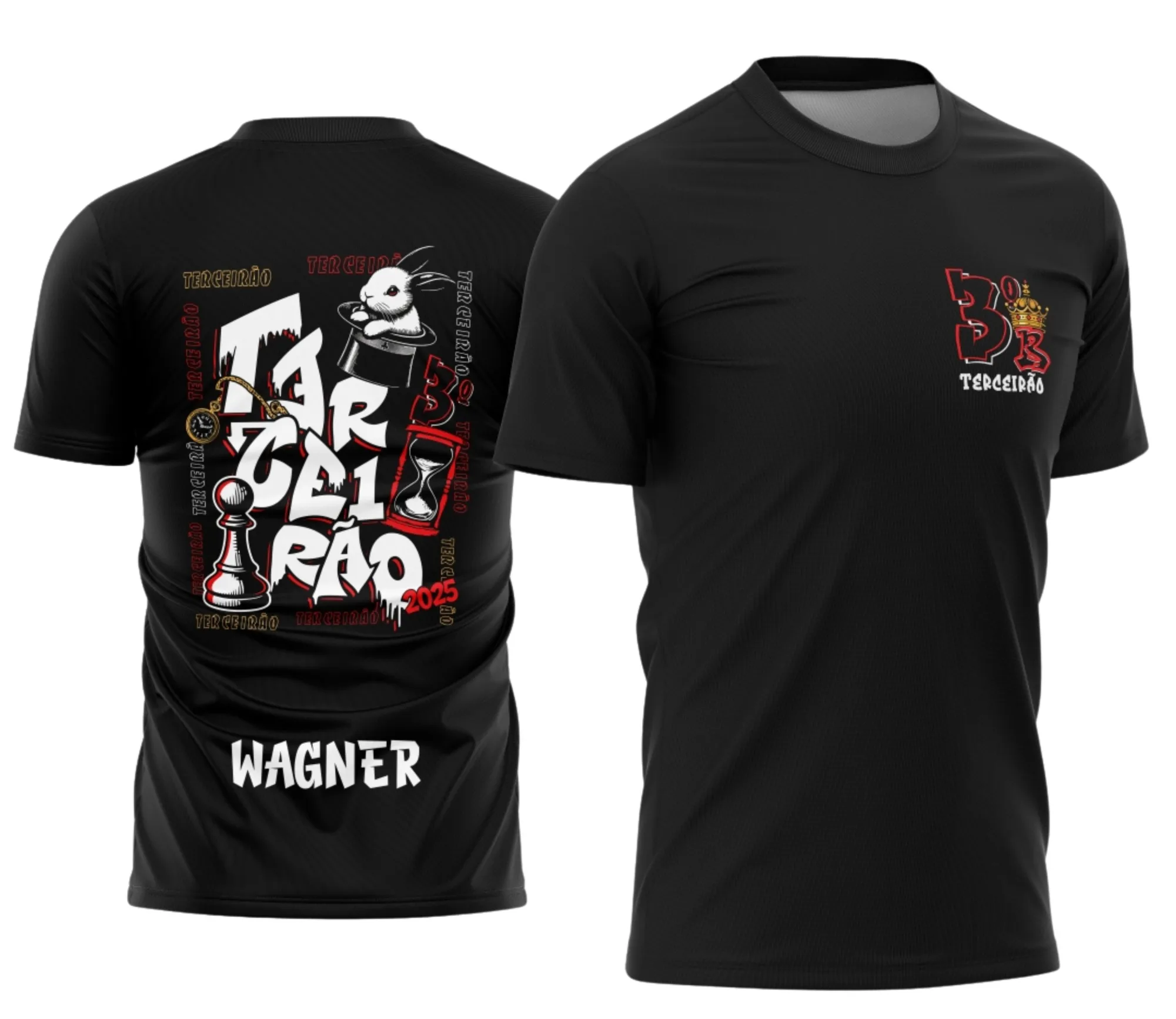 Camiseta unissex preta com logo no peito e estampa grande nas costas do Coelho na Cartola Terceirão, estilo marcante e perfeito para celebração final da turma.