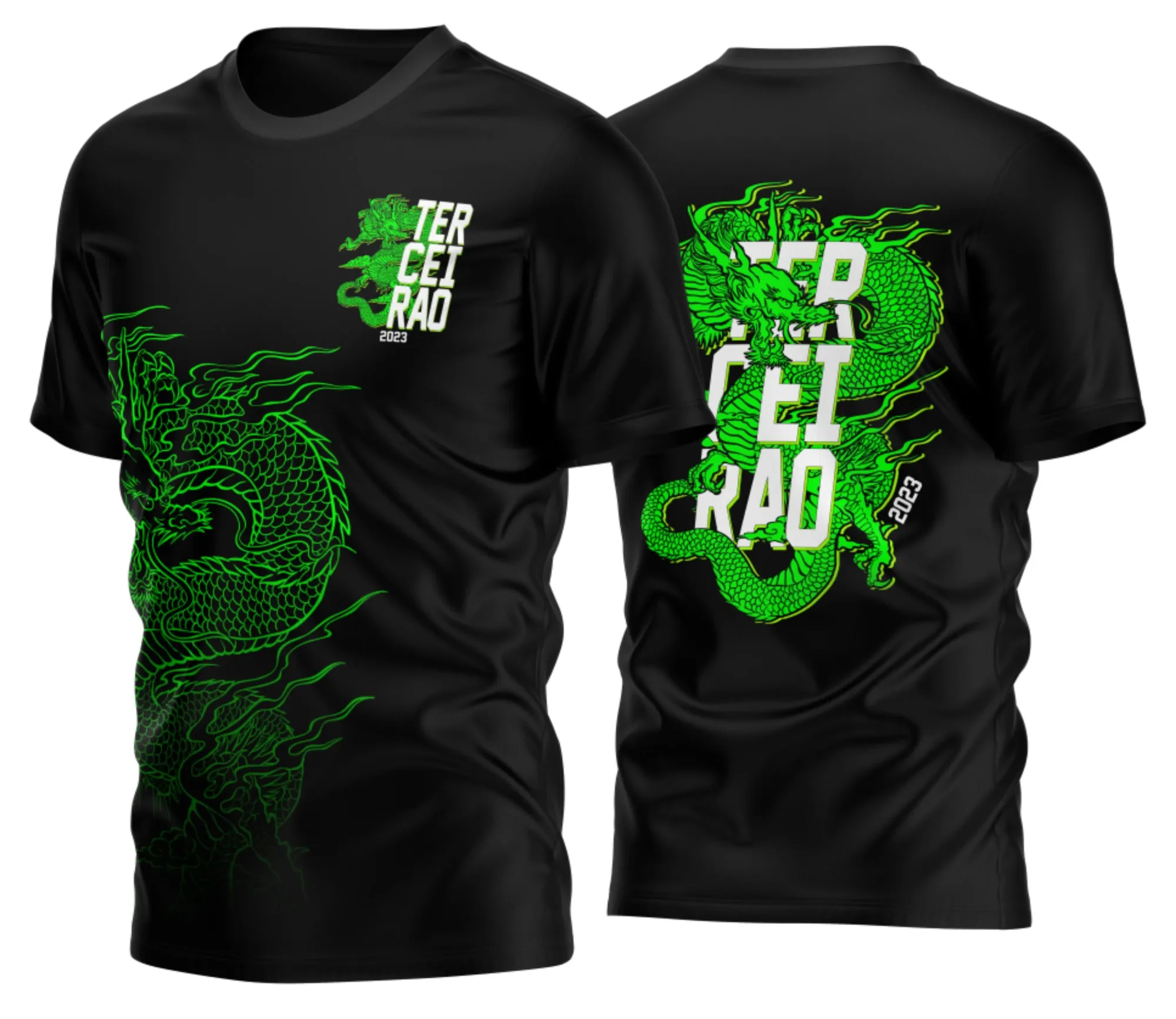 Camiseta unissex preta com logo no peito e estampa grande nas costas com tema Terceirão Dragão Verde M2, ideal para quem quer destaque na volta às aulas.