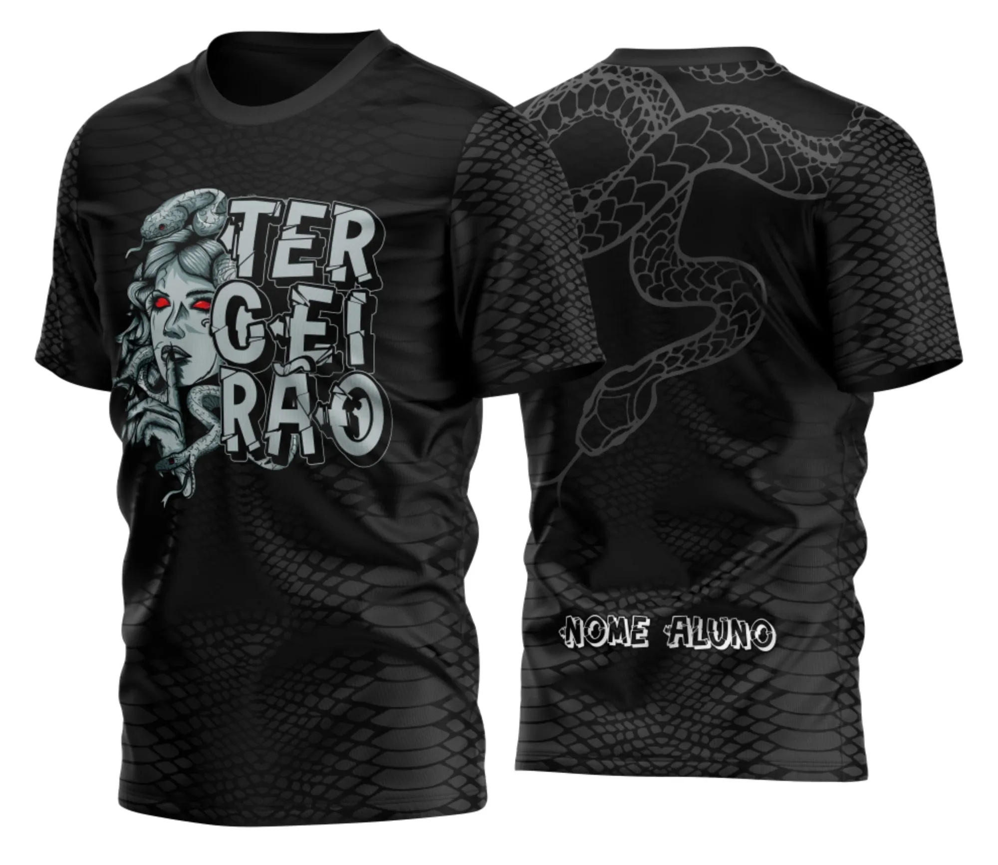 Camiseta unissex preta com logo no peito e estampa grande nas costas da Medusa do Silêncio, design impactante e moderno para Terceirão.
