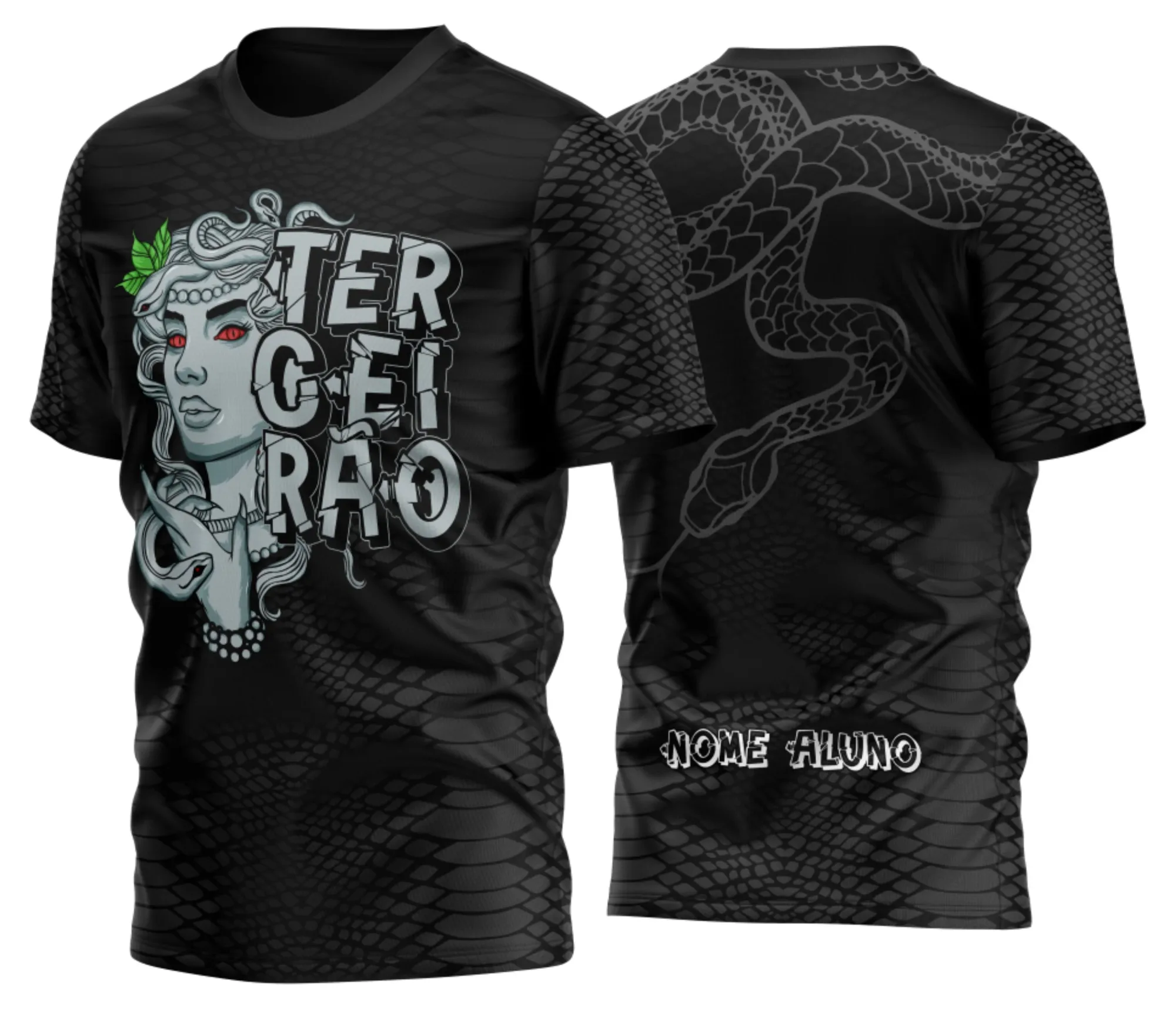 Camiseta unissex preta com logo no peito e estampa grande nas costas do tema Terceirão Medusa Lenda, ideal para estudantes que querem marcar essa fase com estilo e atitude.