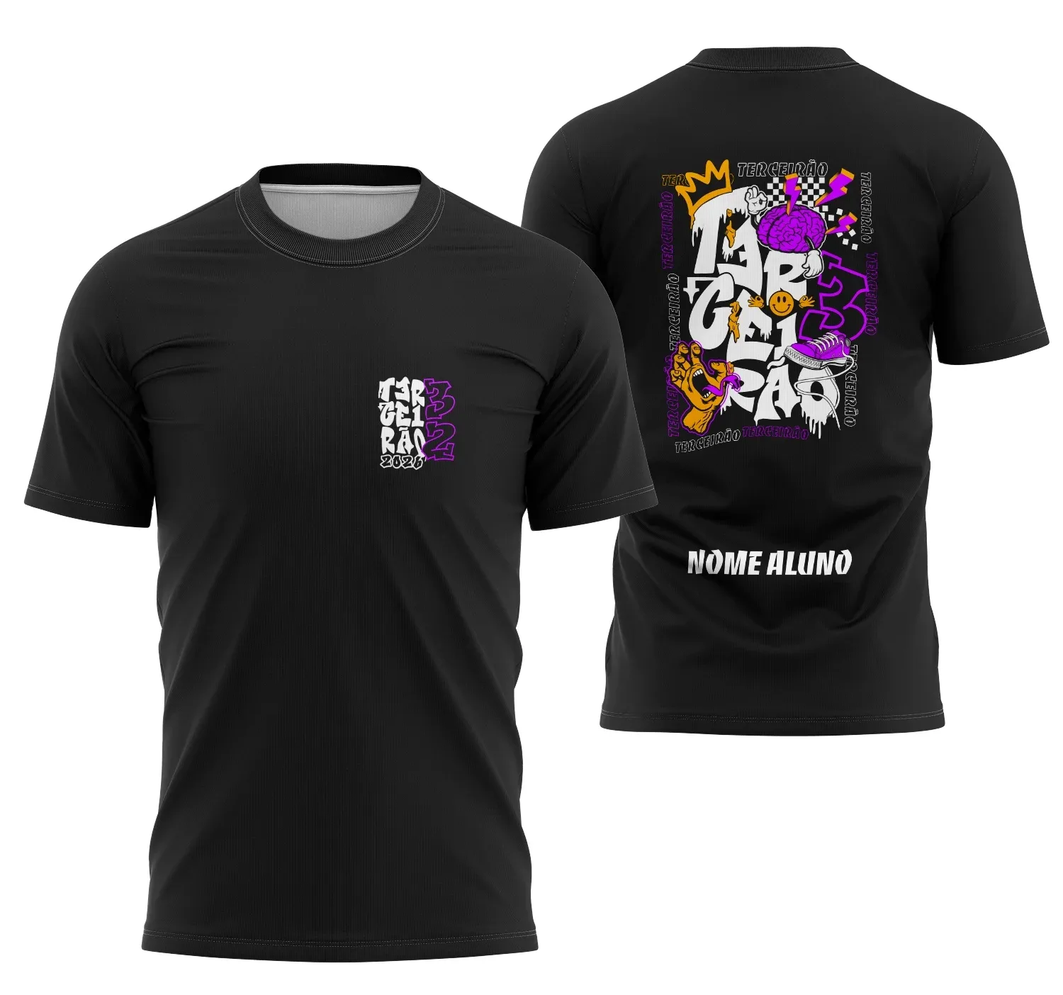 Foto de camiseta unissex preta com logo no peito e estampa grande nas costas temática Terceirão Grafite Coroa, ideal para turma de formandos e eventos escolares.
