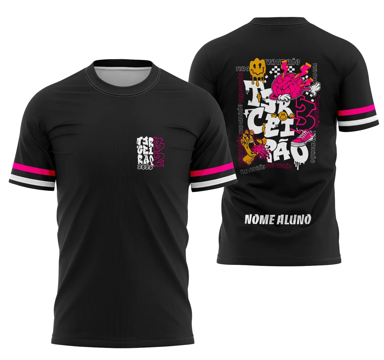 Camiseta preta unissex com logo no peito e estampa grande nas costas no estilo Terceirão Graffiti Urbano 2026, combinação ideal para quem busca estilo e identidade jovem.