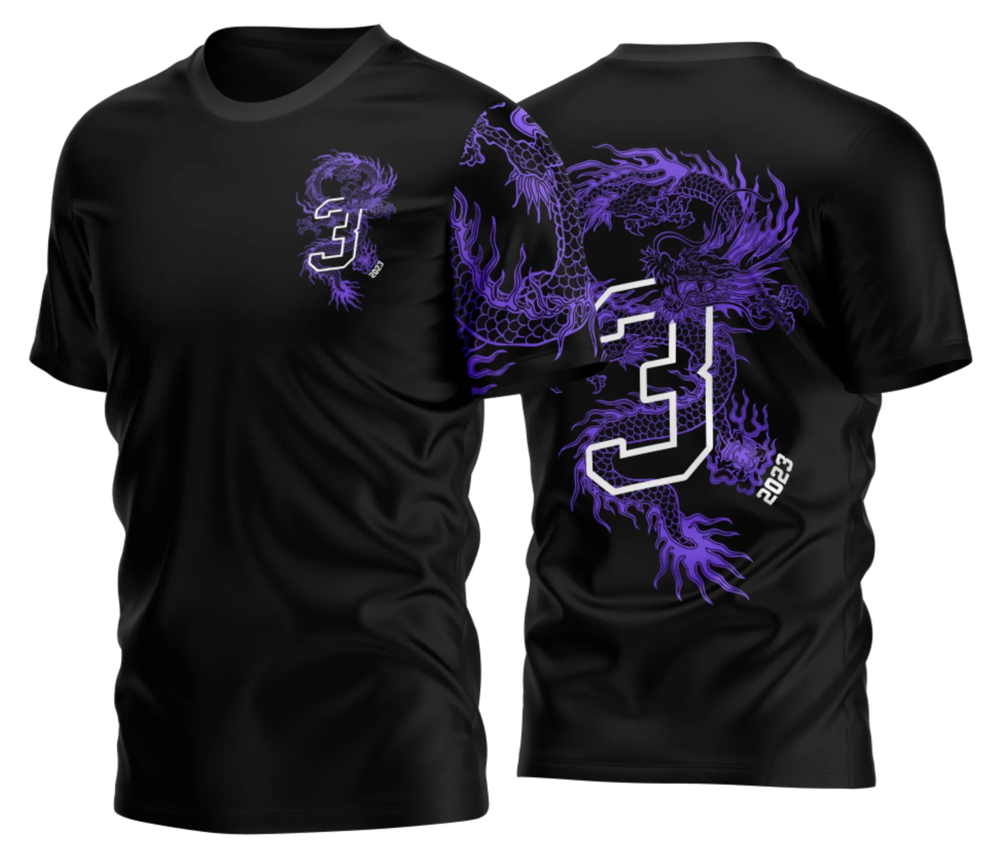 Camiseta unissex preta com logo no peito e estampa grande nas costas de dragão roxo, tema Terceirão Dragão Roxa, design moderno para jovens e estudantes