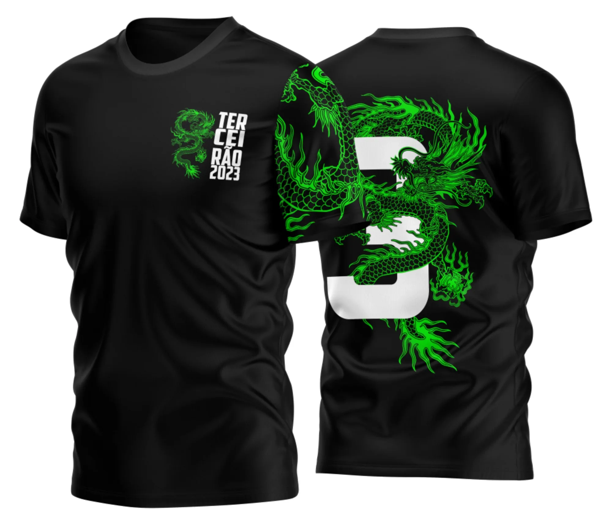 Camiseta unissex preta com logo no peito e estampa grande nas costas com tema Terceirão Dragão Verde, ideal para estudantes e fãs do time escolar.