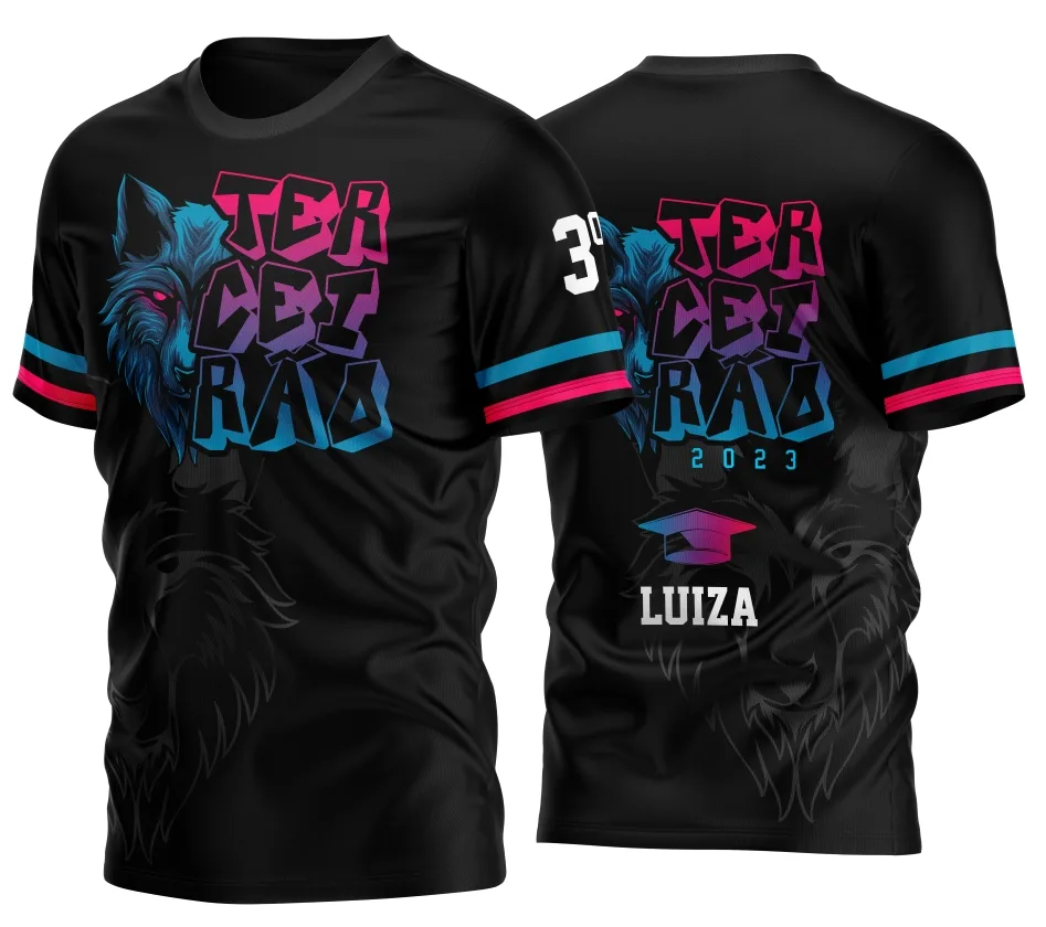 Camiseta unissex preta com logo no peito e estampa grande nas costas do tema Formandos Terceirão Lobo Silk Sublimação, perfeita para comemorar essa conquista especial.