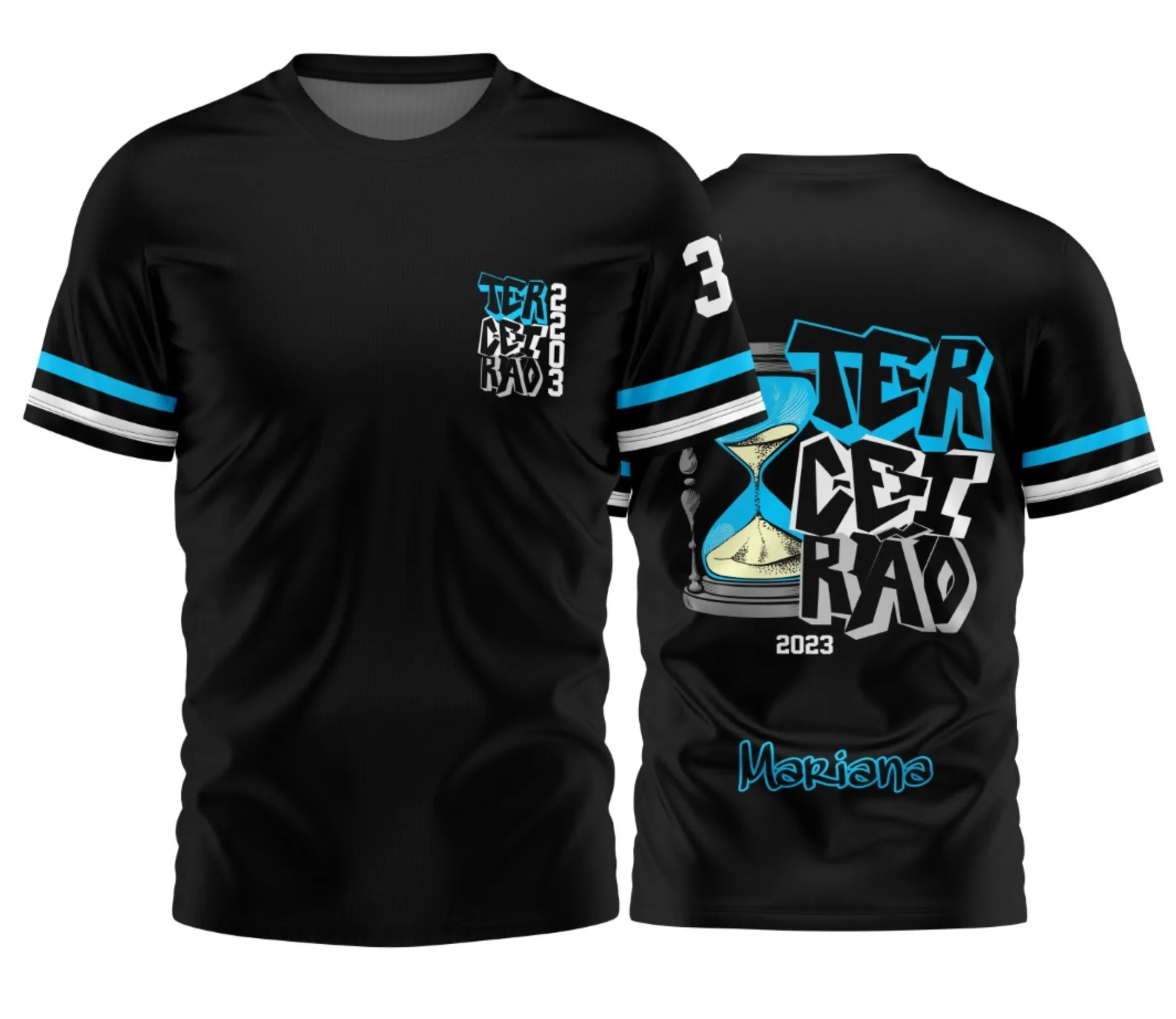 Camiseta unissex preta com logo no peito e estampa grande nas costas do Terceirão Ampulheta 2026, estilo moderno e marcador de conquistas escolares.