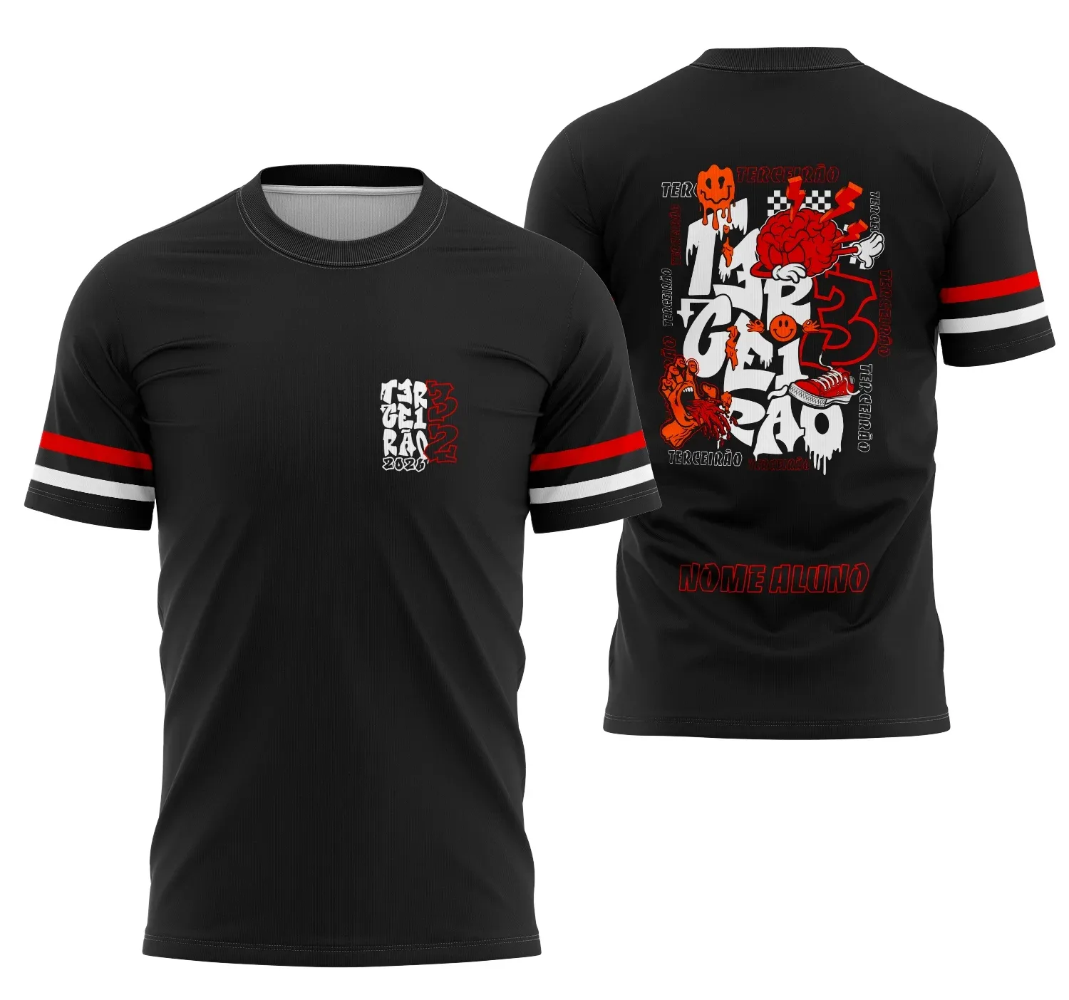 Camiseta unissex preta com logo no peito e estampa grande nas costas da camisa Terceirão Cérebro Vermelho 2026, combinando estilo e identificação para estudantes no último ano escolar.