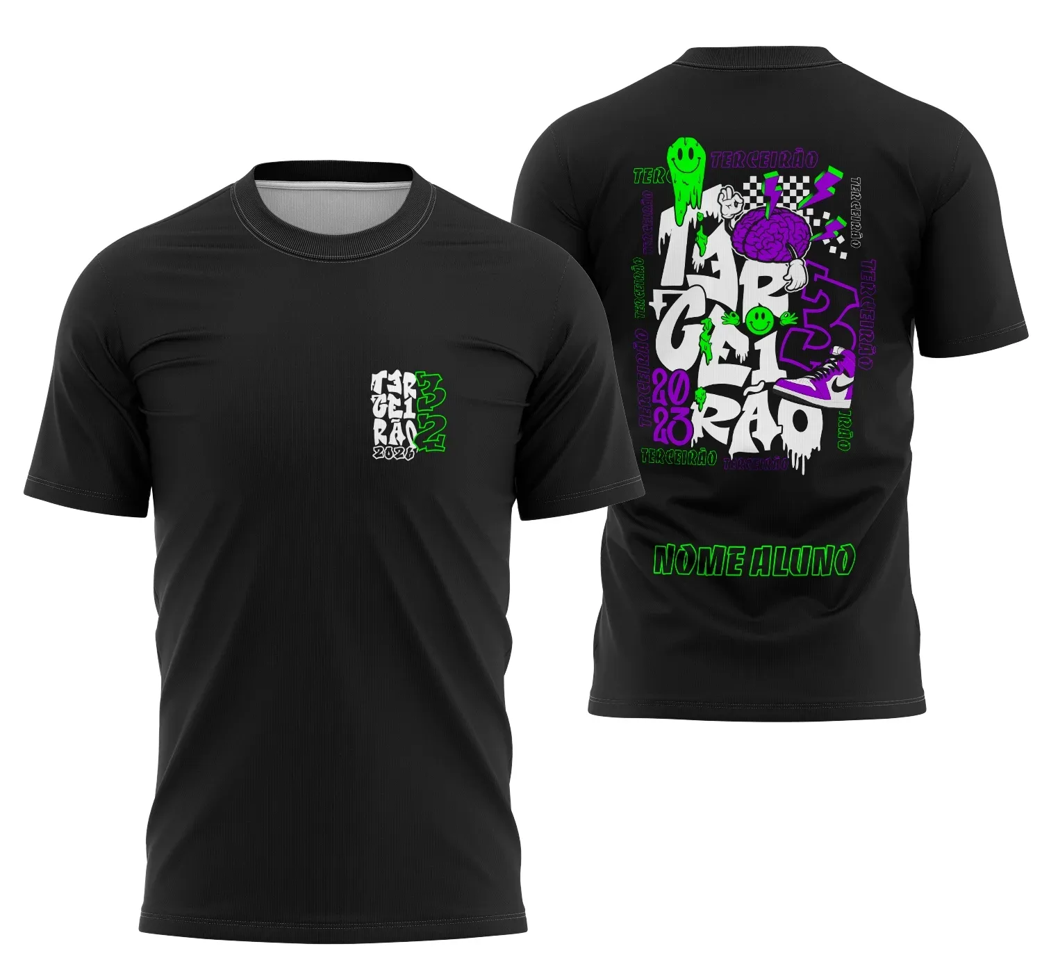 Camiseta unissex com logo no peito e estampa grande nas costas, cor base verde, tema Terceirão Nike 2026 modelo 2, perfeita para estudantes que buscam identidade e estilo.