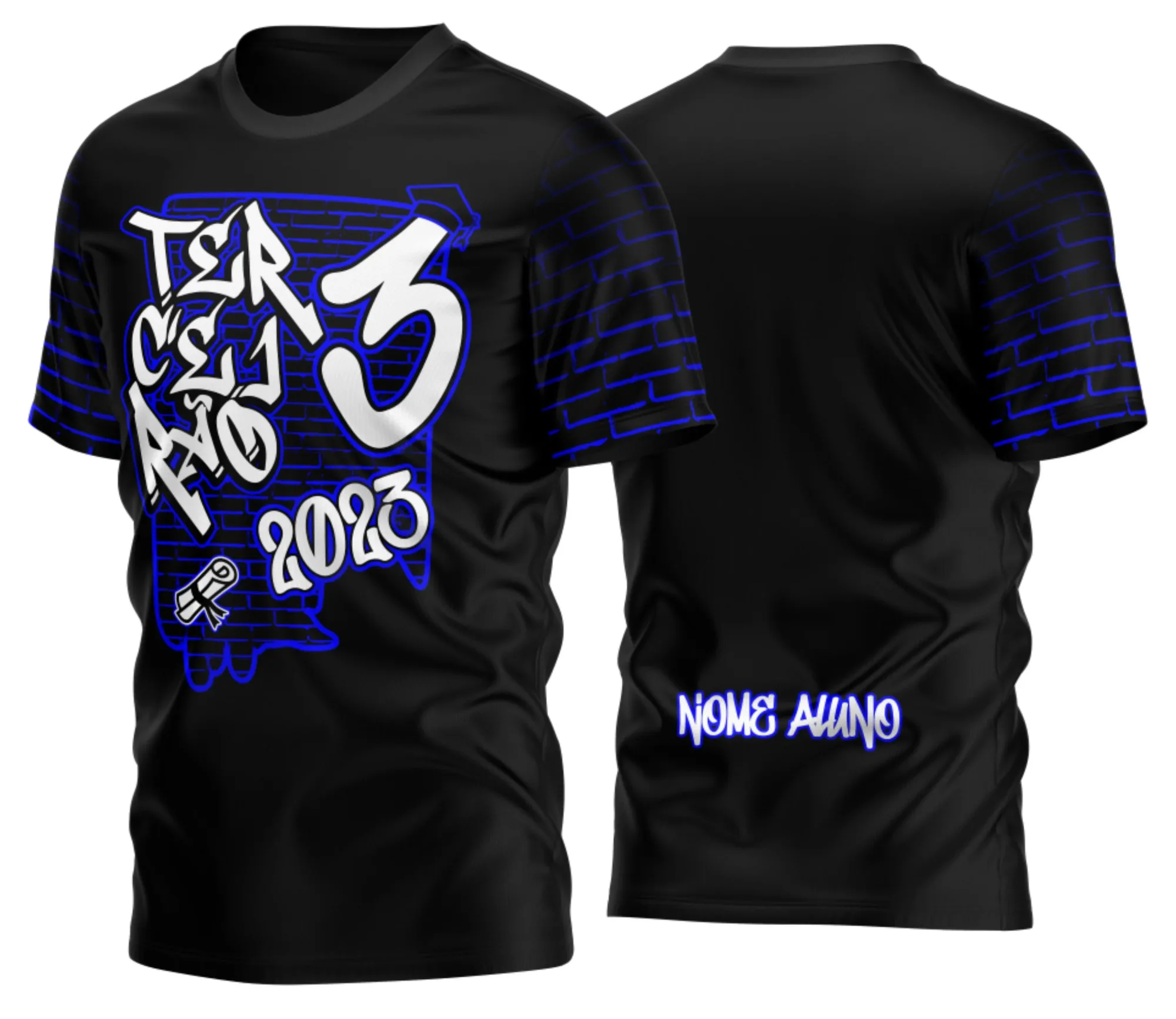 Camiseta unissex preta com logo no peito e estampa grande nas costas da camisa Terceirão Grafite no muro 2026, design moderno e impactante para estudantes.
