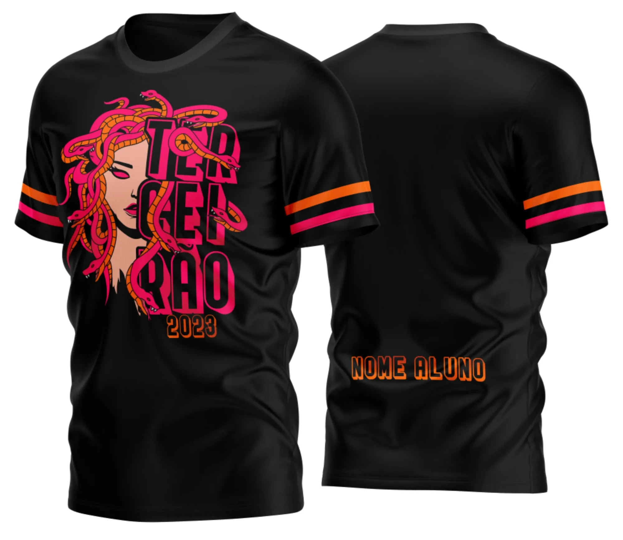 Camiseta unissex preta com logo no peito e estampa grande nas costas temática Terceirão Medusa Rosa 2026, ideal para estudantes e eventos de formatura.