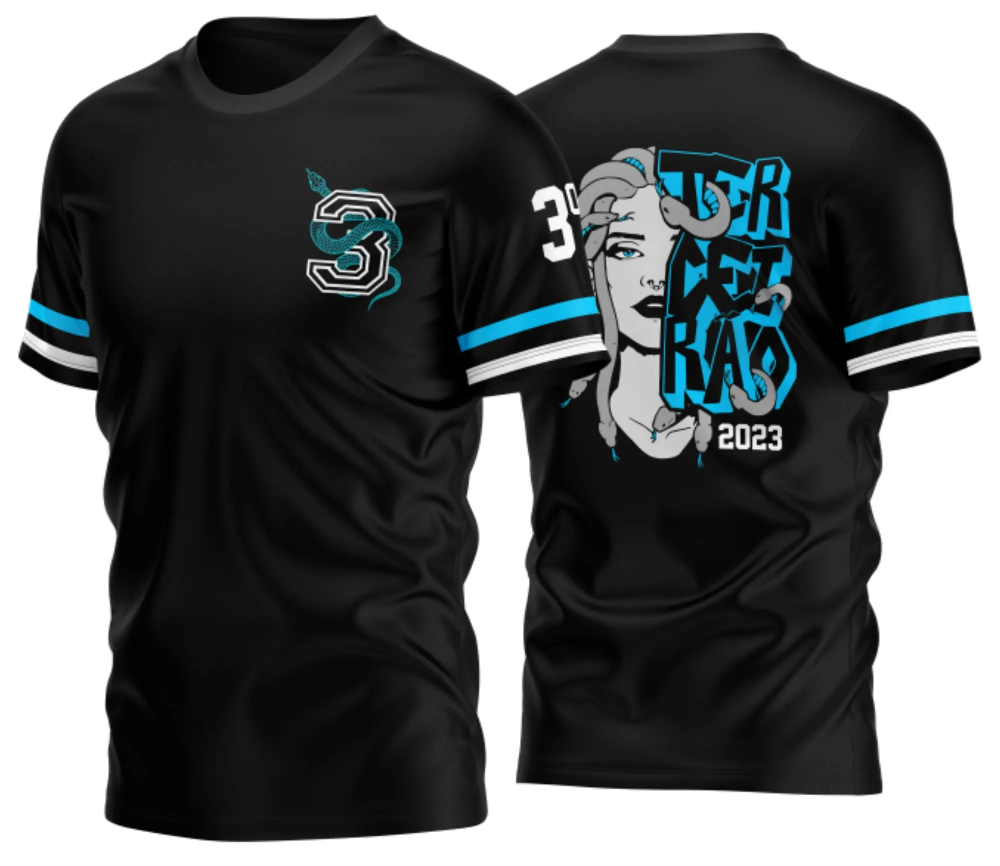 Camiseta unissex preta com logo no peito e estampa grande nas costas do Terceirão Medusa 2026 modelo 2, design moderno e impactante para estudantes finalistas.