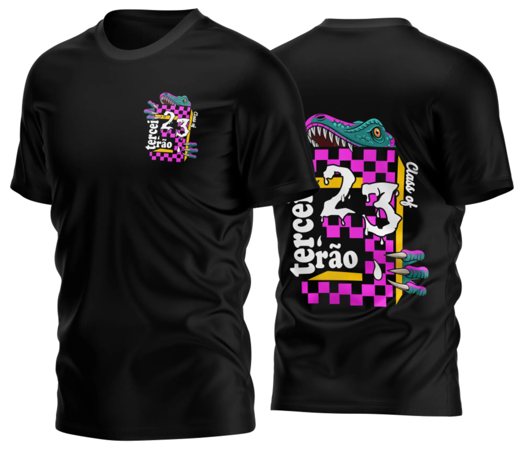 Camisa preta unissex com logo no peito e estampa grande nas costas destacando o tema Terceirão Dino, perfeita para quem quer marcar o último ano com atitude e estilo.