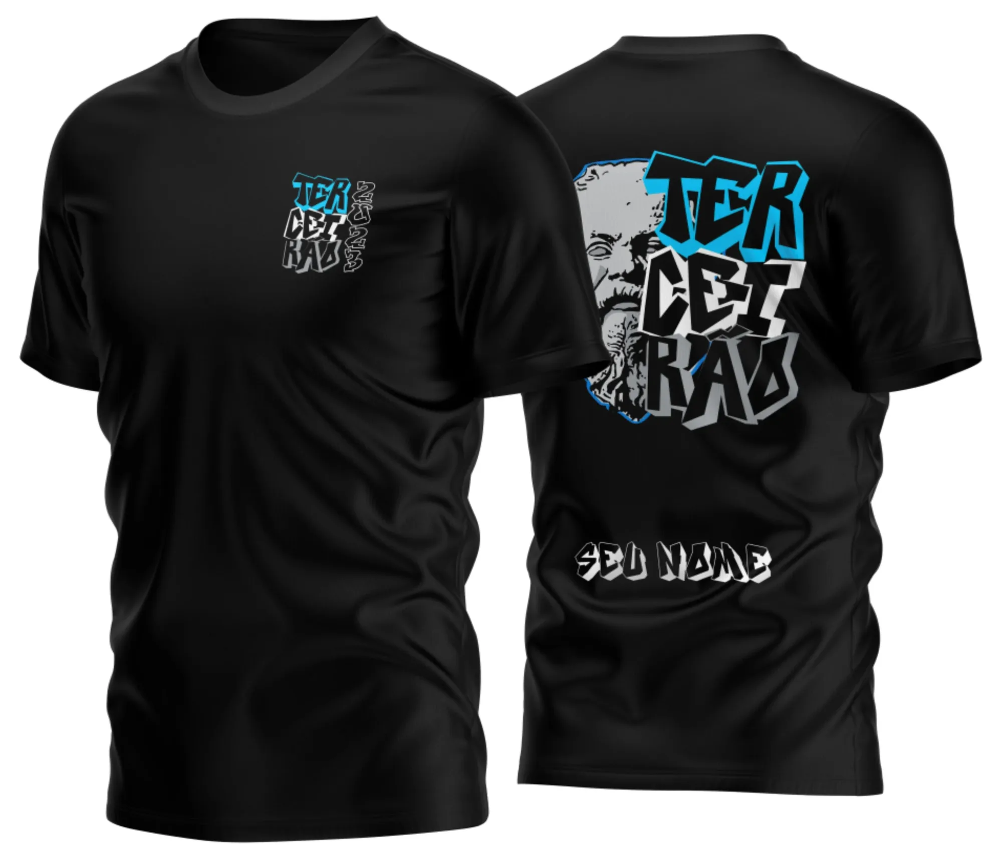Camiseta unissex preta com logo no peito e estampa grande nas costas destacando Sócrates Camisa Terceirão 2026 em impressão sublimada vibrante.