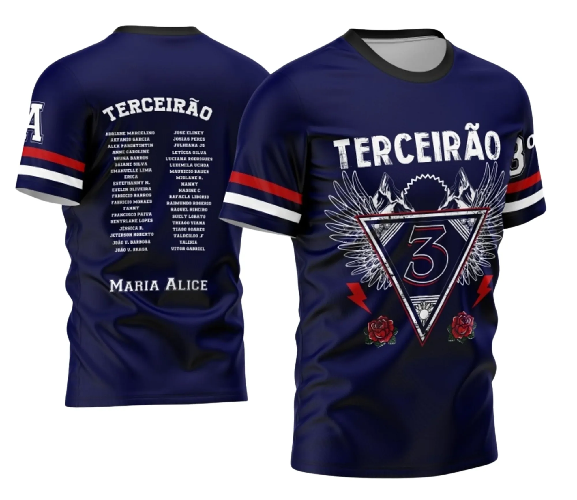Camiseta unissex preta com logo no peito e estampa grande nas costas ilustrando montanhas, flores e asas, perfeita para estudantes do terceirão.
