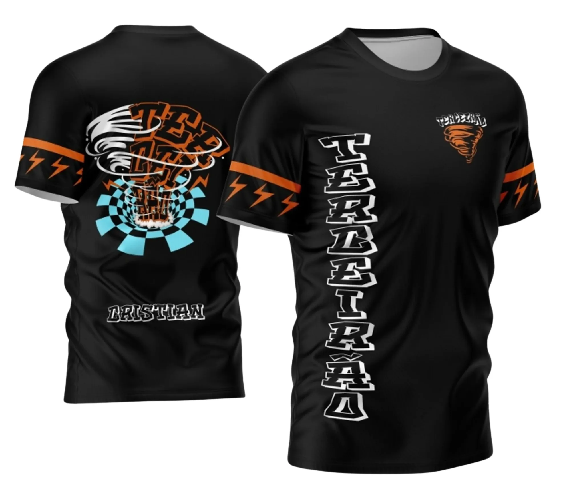 Foto de camisa unissex preta com logo no peito e estampa grande nas costas do Terceirão 2026 Furacão Xadrez, estilo xadrez moderno e vibrante para estudantes.