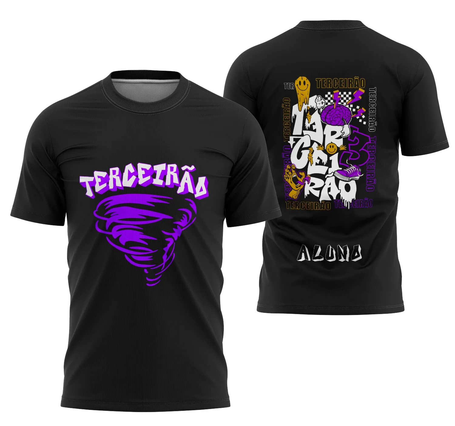 Foto de camiseta preta unissex com logo no peito e estampa grande nas costas celebrando o Terceirão 2026, design moderno e vibrante para estudantes.