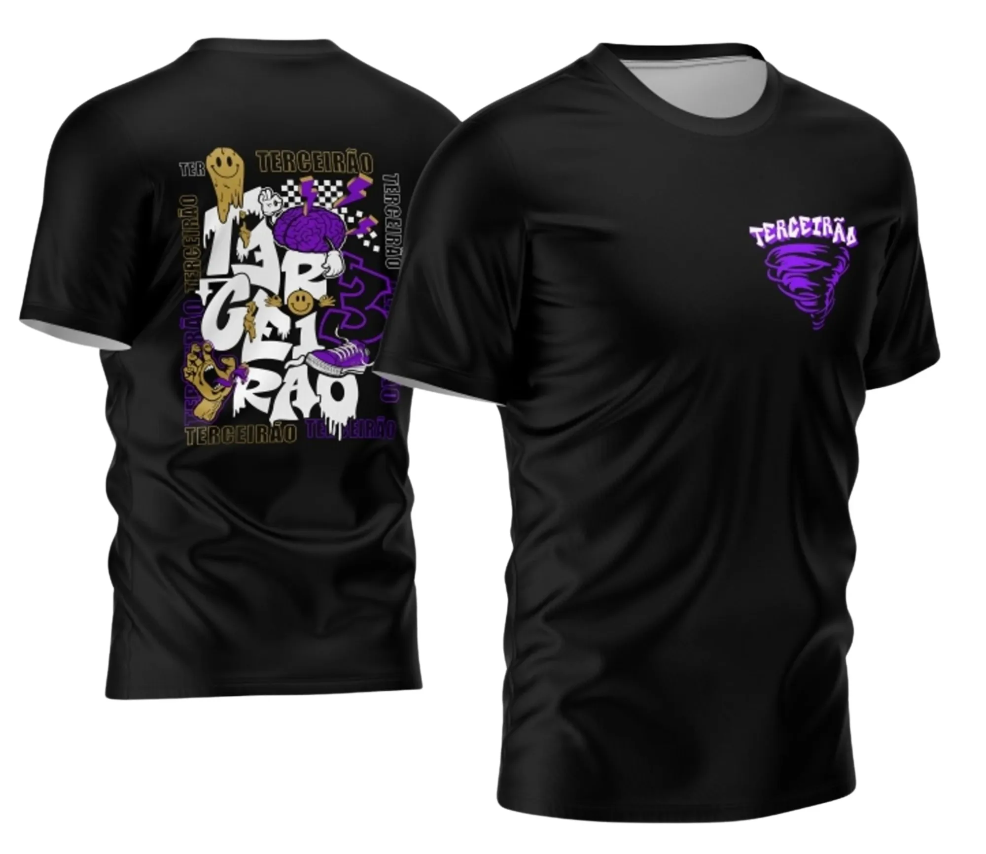 Camiseta unissex preta com logo no peito e estampa grande nas costas do Terceirão 2026 Furacão no Peito, estilo moderno e cheia de atitude para jovens estudantes.