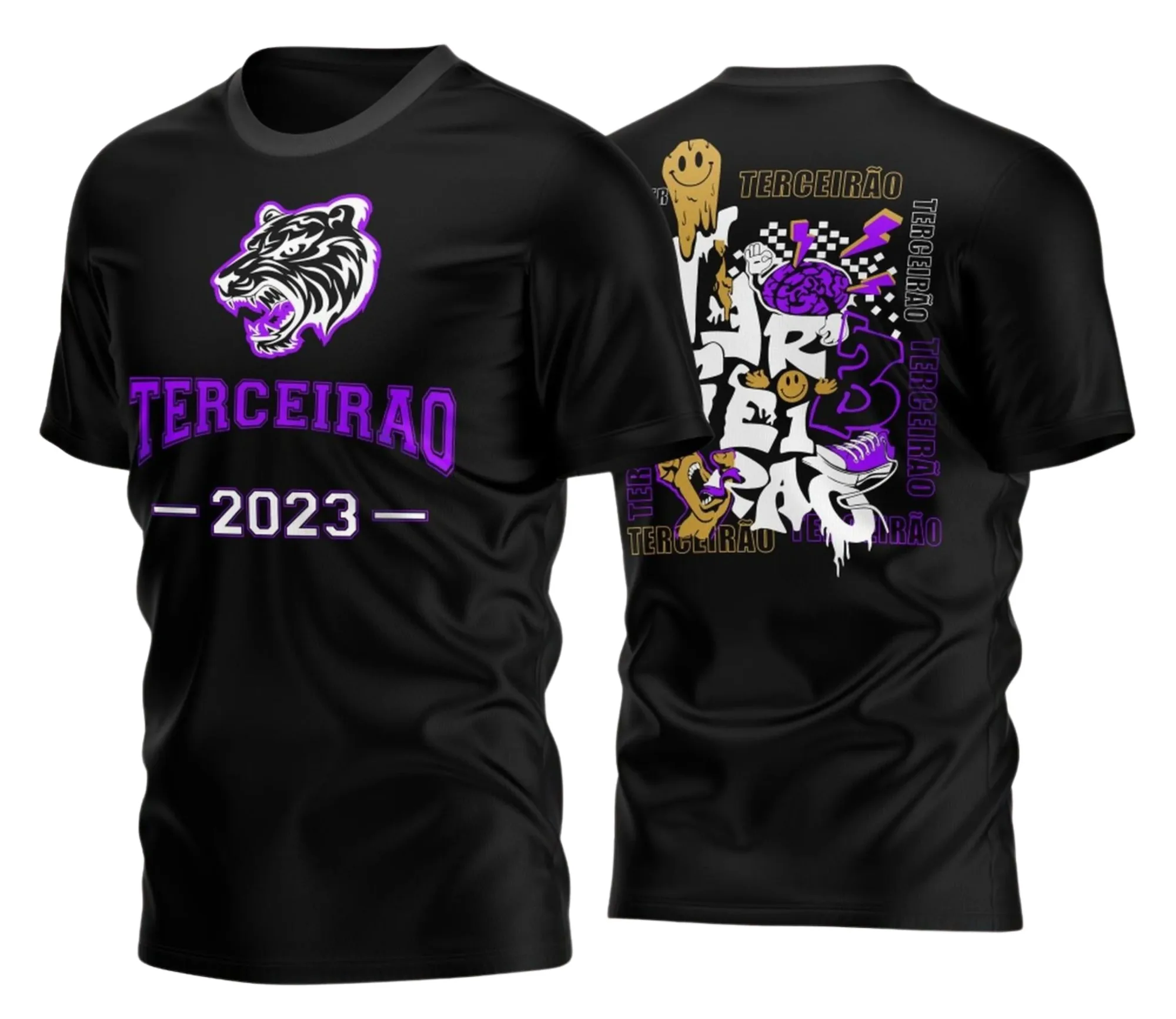 Camiseta unissex preta com logo no peito e estampa grande nas costas personalizada Terceirão 2026 com design exclusivo para estudantes finalistas.
