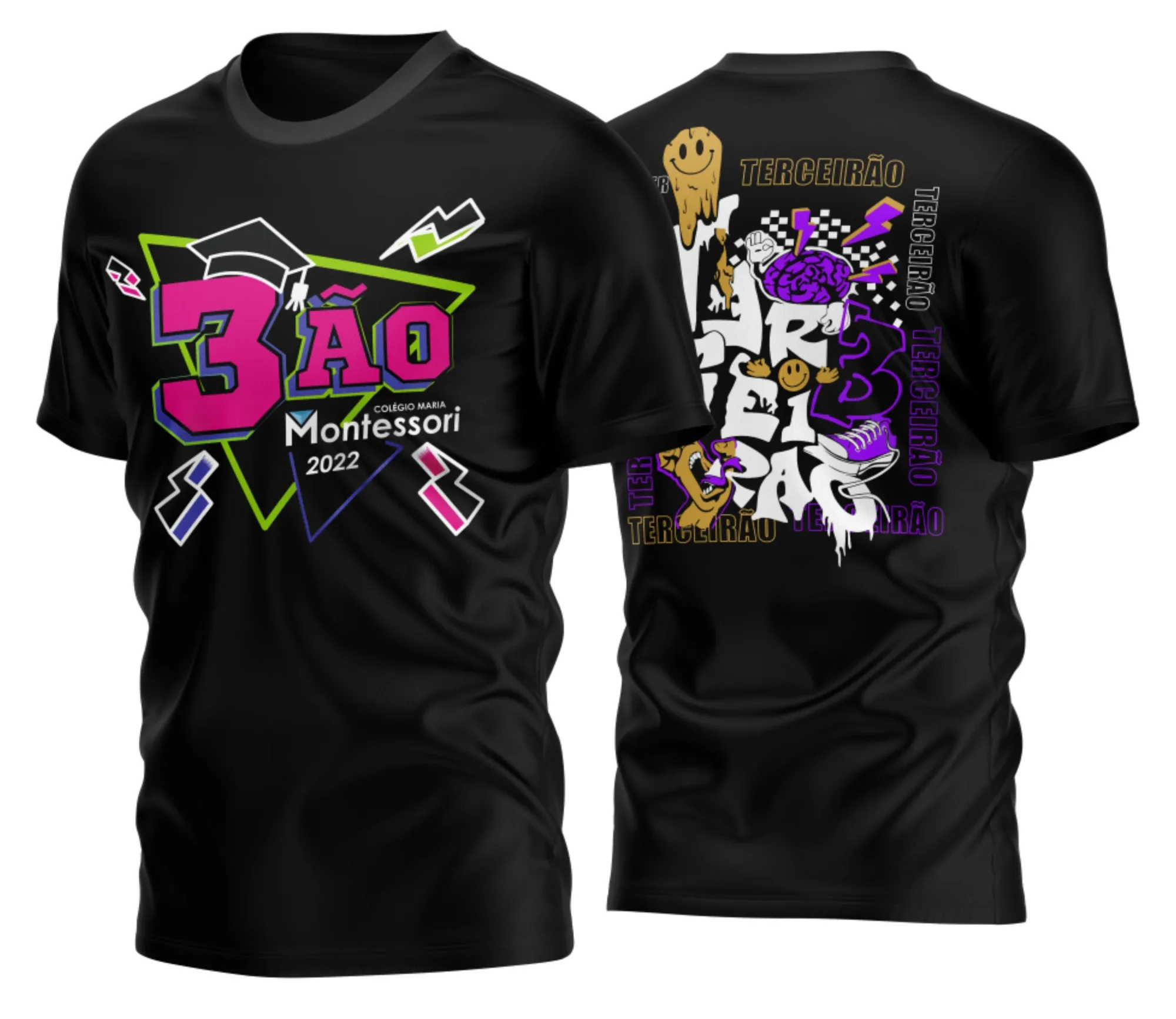Camiseta unissex com logo no peito e estampa grande nas costas destacando Terceirão 2026, cor base preta, perfeita para uso casual e eventos escolares.