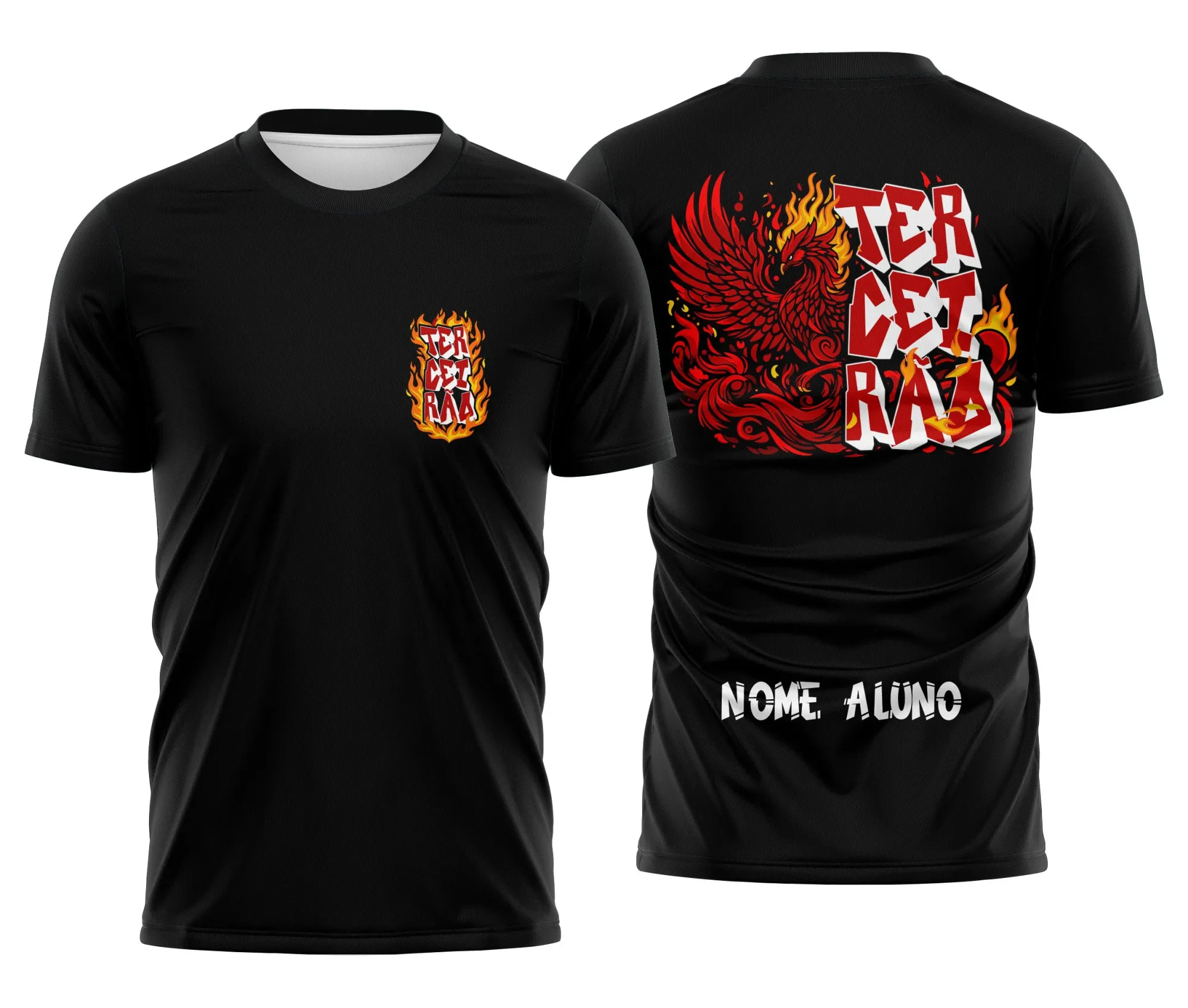 Foto de camiseta preta unissex com logo no peito e estampa grande nas costas com a figura da Fênix Vermelha, tema Terceirão, design marcante e vibrante.