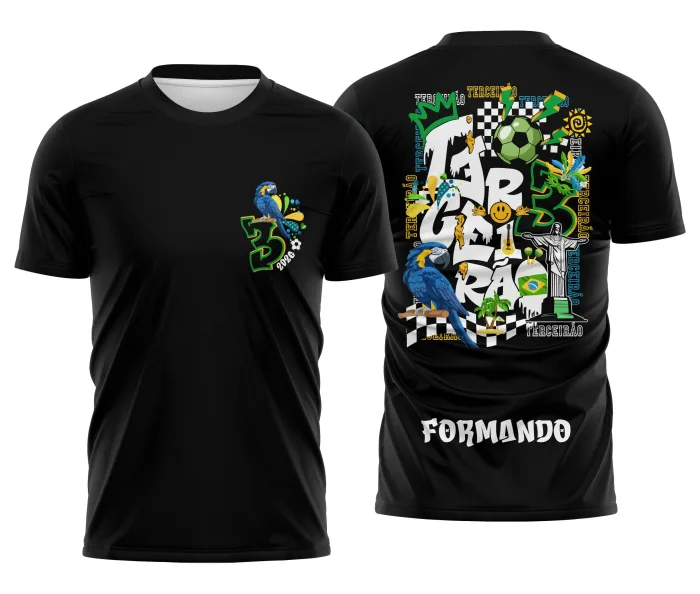Camiseta unissex preta com logo no peito e estampa grande nas costas com o tema Terceirão Ritmo de Copa Brasil, perfeita para celebrar o fim do ensino médio com estilo e paixão pelo futebol.