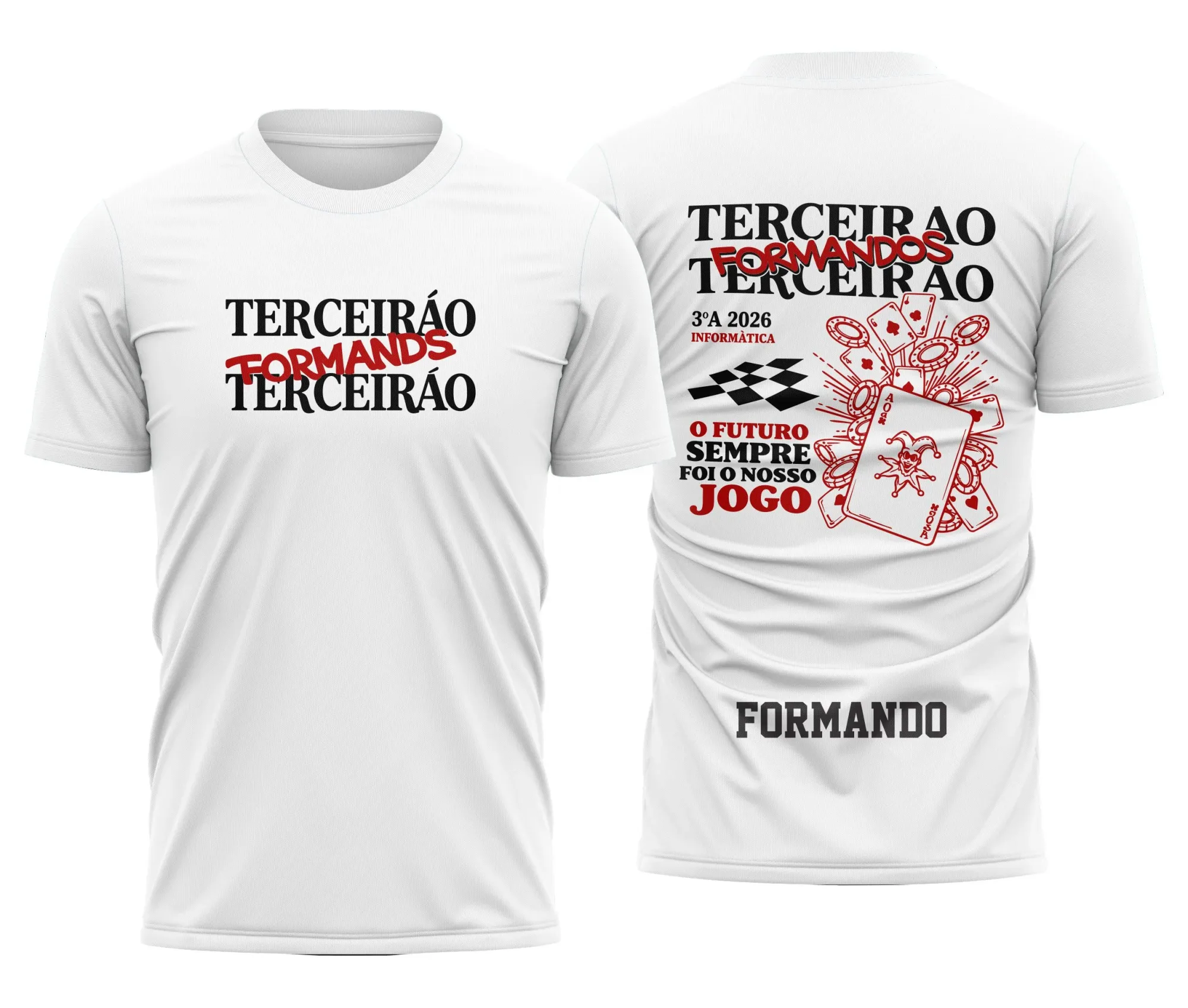 Camiseta preta unissex com logo no peito e estampa grande nas costas com tema Terceirão Cartas Coringa, design moderno e impactante para estudantes e fãs de cartas.