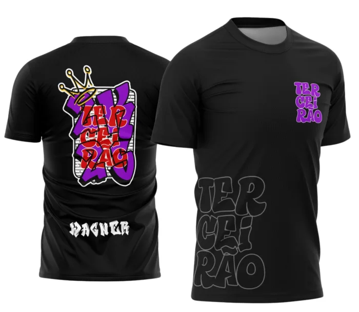 Camiseta unissex preta com logo no peito e estampa grande nas costas em estilo grafite urbano, perfeita para quem quer destacar o tema Terceirão com atitude e estilo moderno.