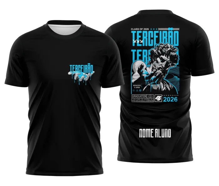 Camiseta unissex preta com logo no peito e estampa grande nas costas com tema Terceirão Estátua Líquido 2, ideal para estudantes que querem marcar o último ano escolar com estilo.