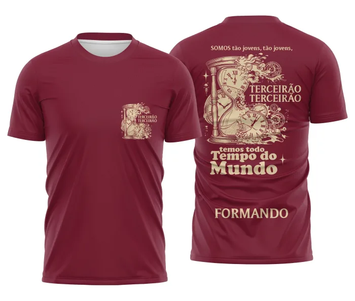 Camiseta unissex preta com logo no peito e estampa grande nas costas mostrando ampulheta e tema tempo perdido, ideal para turma do terceirão.