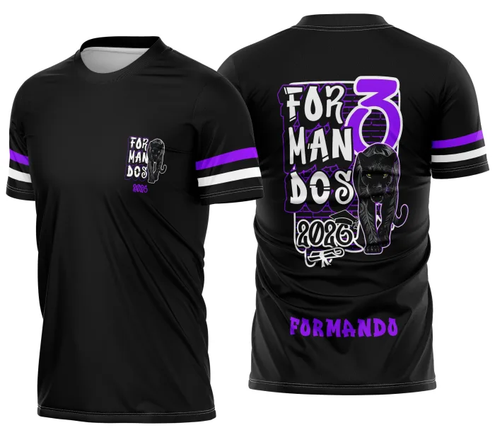 Camiseta unissex preta com logo no peito e estampa grande nas costas do tema Formandos 3 Pantera Negra, ideal para celebrações de formatura e fãs do personagem.
