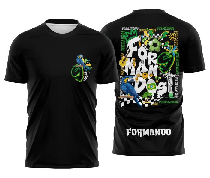Camiseta unissex branca com logo no peito e estampa grande nas costas representando o ritmo da Copa Brasil, ideal para formandos celebrando o momento com estilo e orgulho.