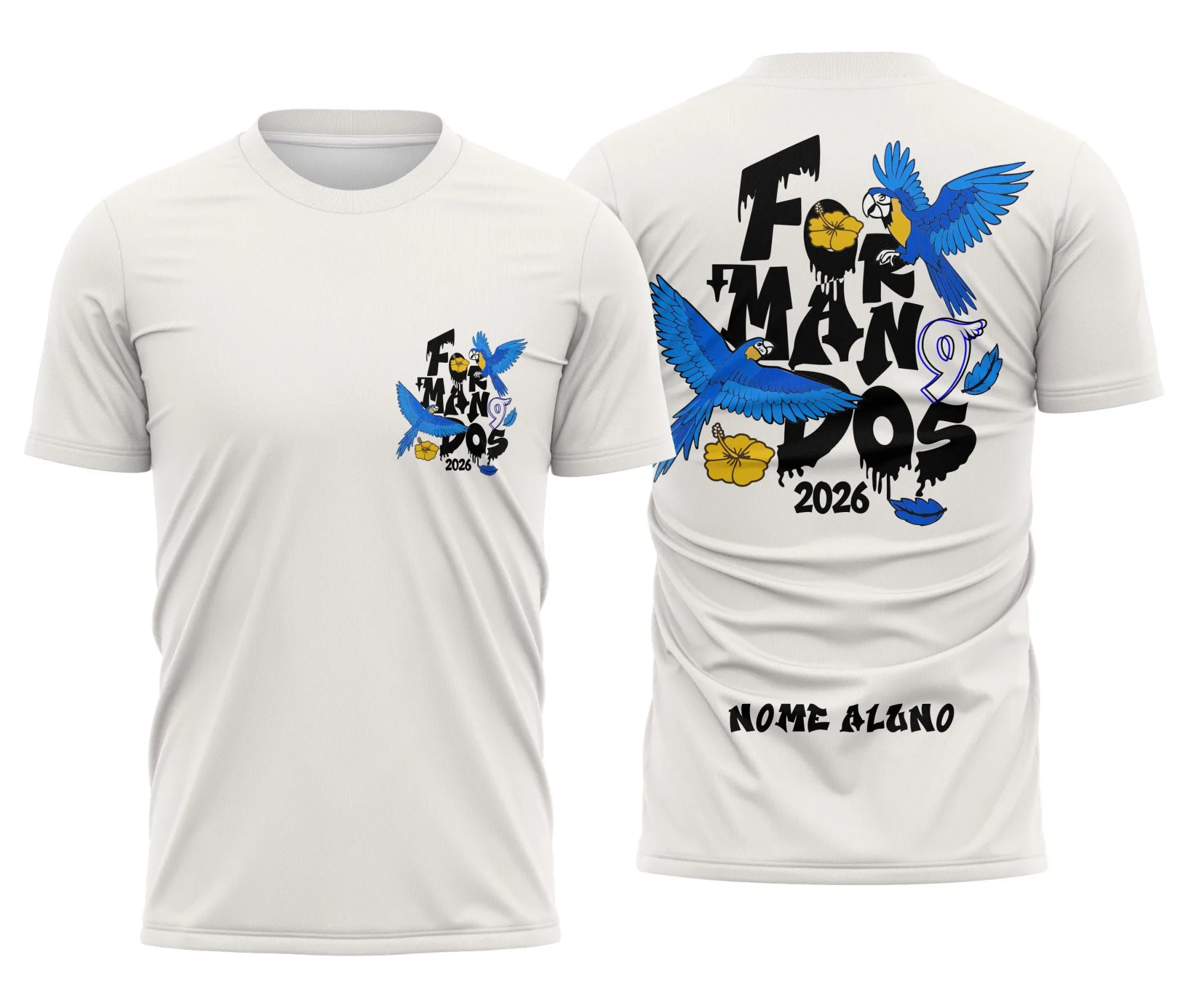 Camiseta unissex branca com logo no peito e estampa grande nas costas de Arara Azul, tema Formandos, design vibrante e moderno para celebração de formatura.
