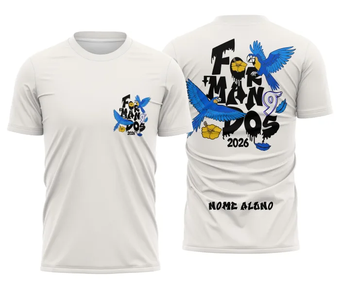 Camiseta unissex branca com logo no peito e estampa grande nas costas de Arara Azul, tema Formandos, design vibrante e moderno para celebração de formatura.