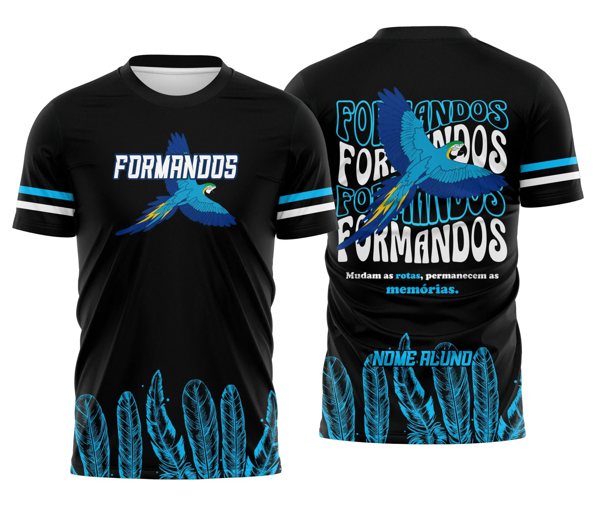 Camiseta unissex preta com logo no peito e estampa grande nas costas com tema Formandos Arara Azul, ideal para celebrações de formatura e eventos escolares