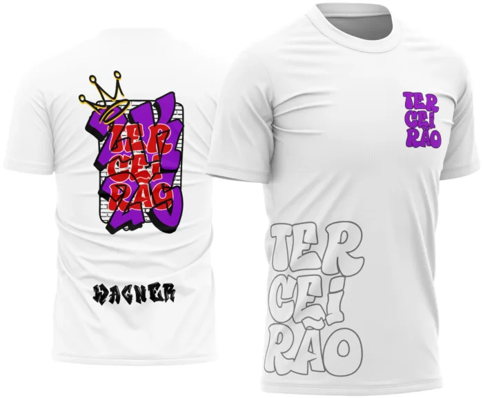 Camiseta unissex preta com logo no peito e estampa grande nas costas mostrando grafite e expressão urbana estilo Terceirão