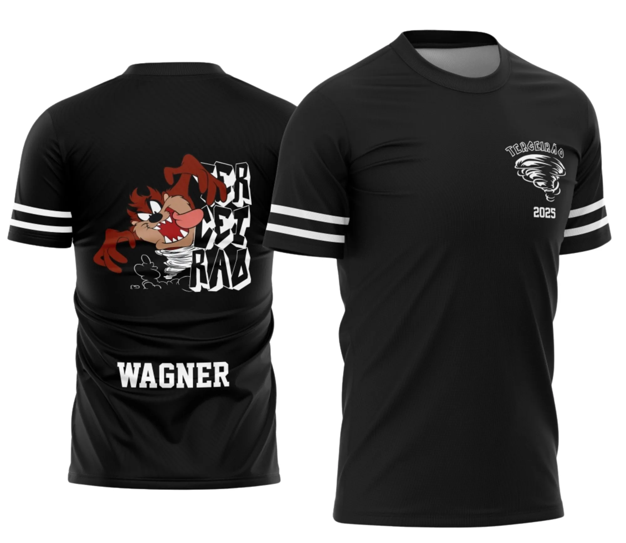 Camiseta unissex preta com logo no peito e estampa grande nas costas do Terceirão Taz Mania 2026 em estilo jovem, perfeita para quem quer marcar presença na turma com estilo ousado e divertido.