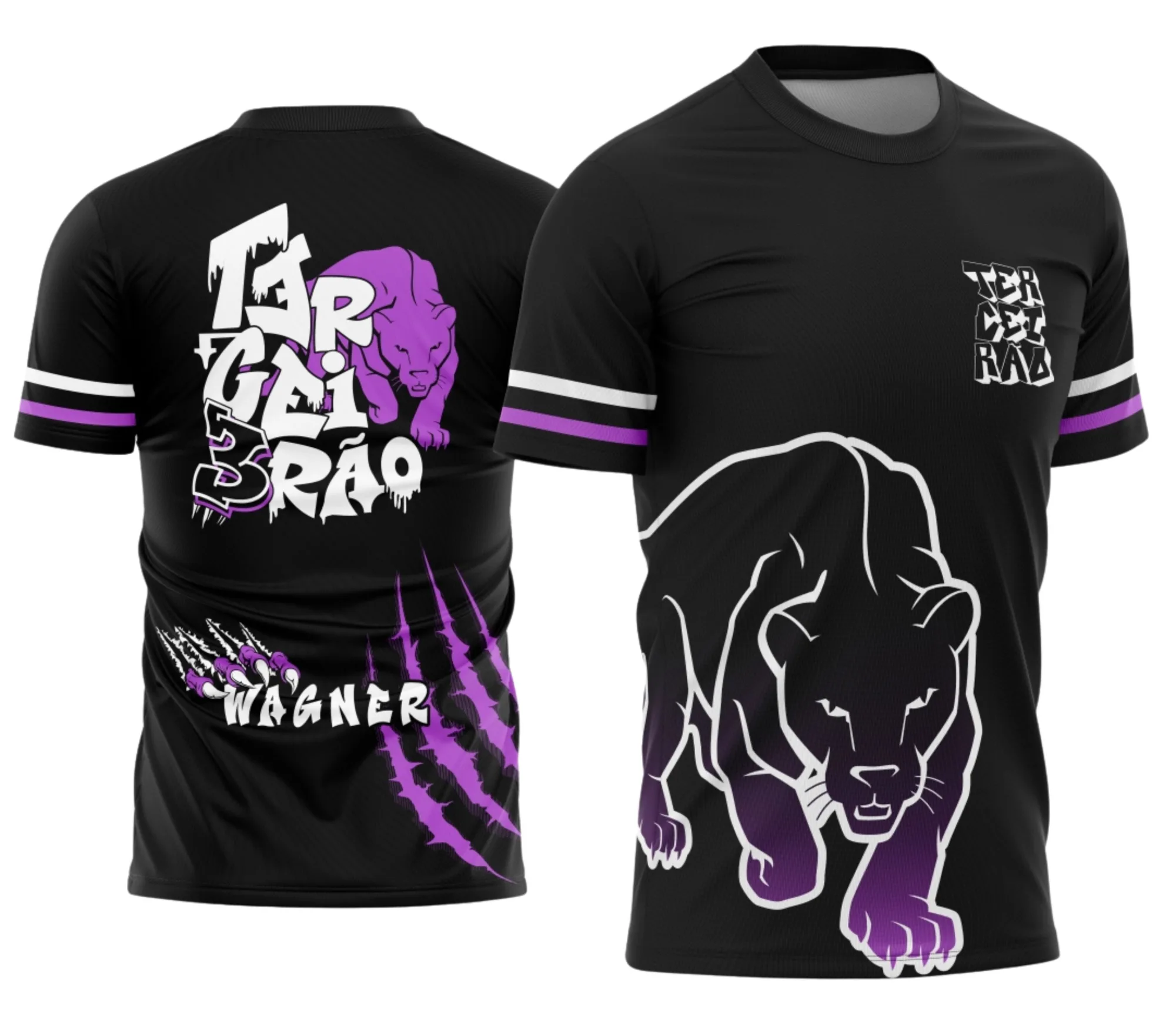 Camiseta unissex preta com logo no peito e estampa grande nas costas inspirada no tema Pantera Negra para Terceirão, visual marcante e estiloso ideal para jovens e fãs do personagem.