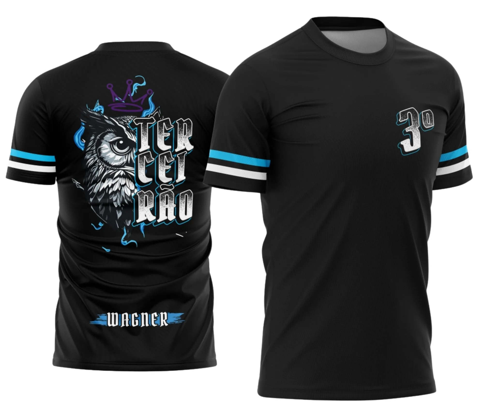 Camiseta unissex preta com logo no peito e estampa grande nas costas mostrando coruja estilizada, celebrando a união da turma do terceiro ano.