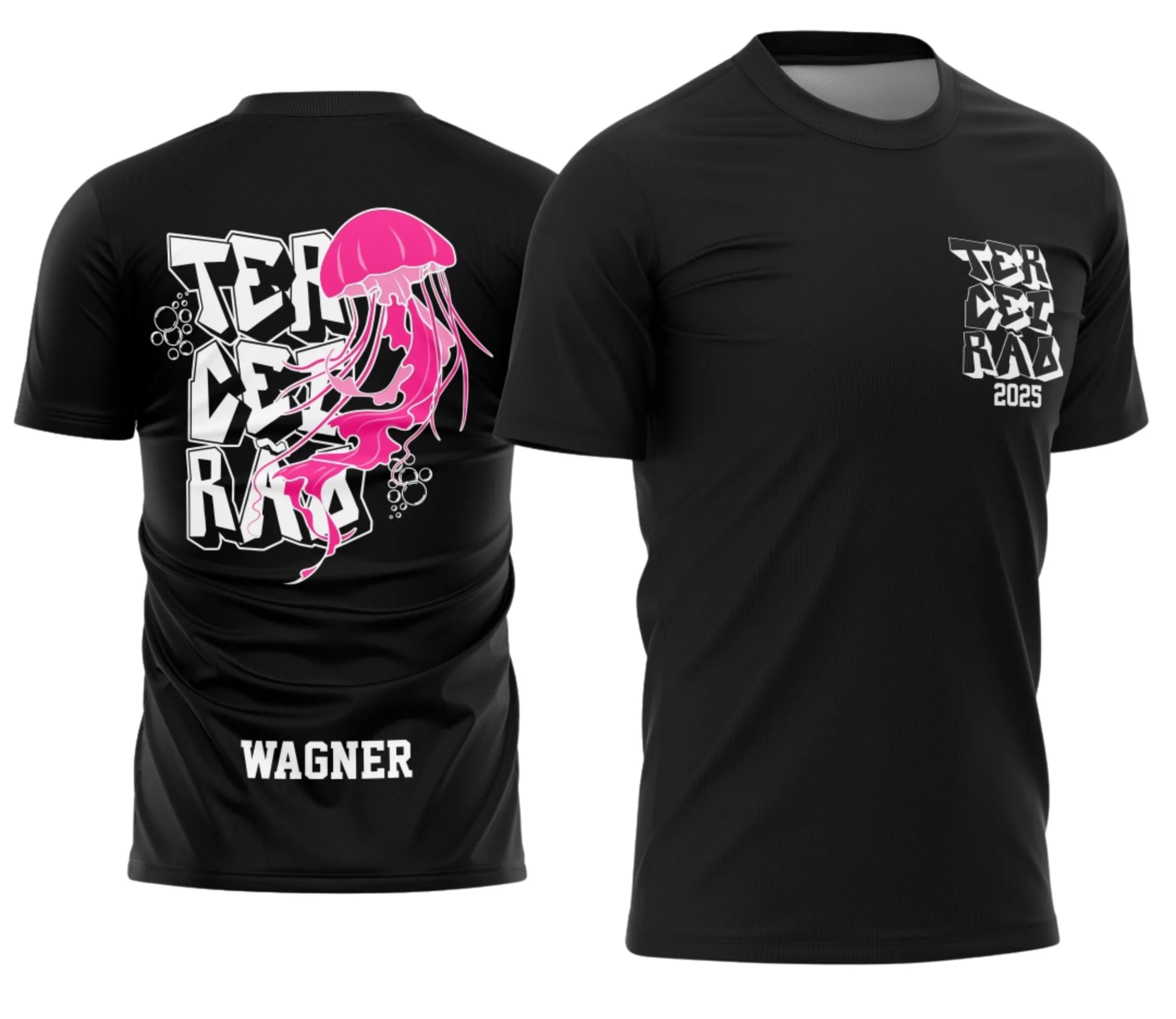 Camiseta unissex preta com logo no peito e estampa grande nas costas sobre tema Exclusiva Terceirão Água Viva modelo 2, perfeita para estudantes que buscam estilo e identidade na turma