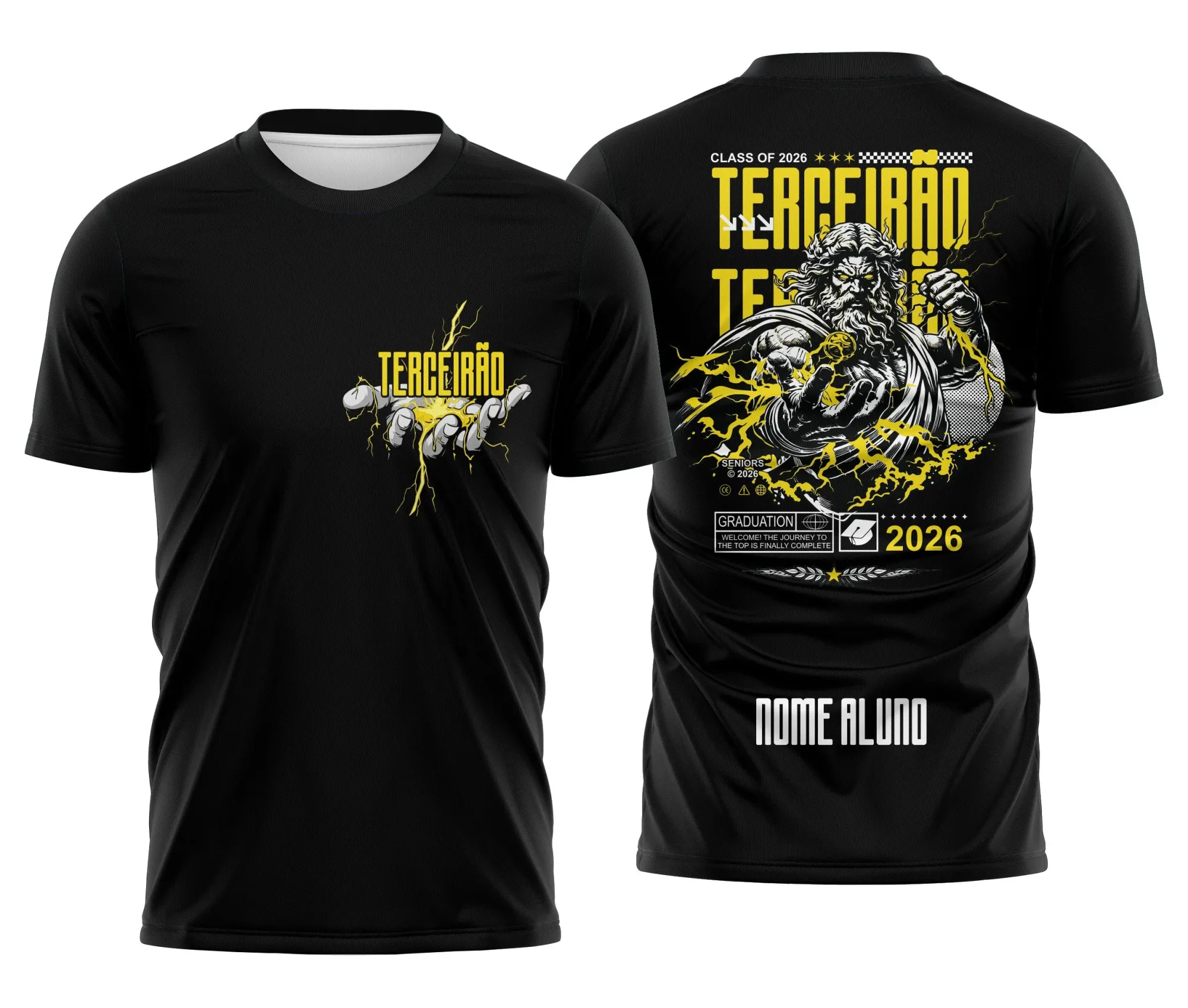 Camiseta unissex preta com logo no peito e estampa grande nas costas mostrando Zeus com raios, ideal para turma do terceirão com design impactante e moderno.
