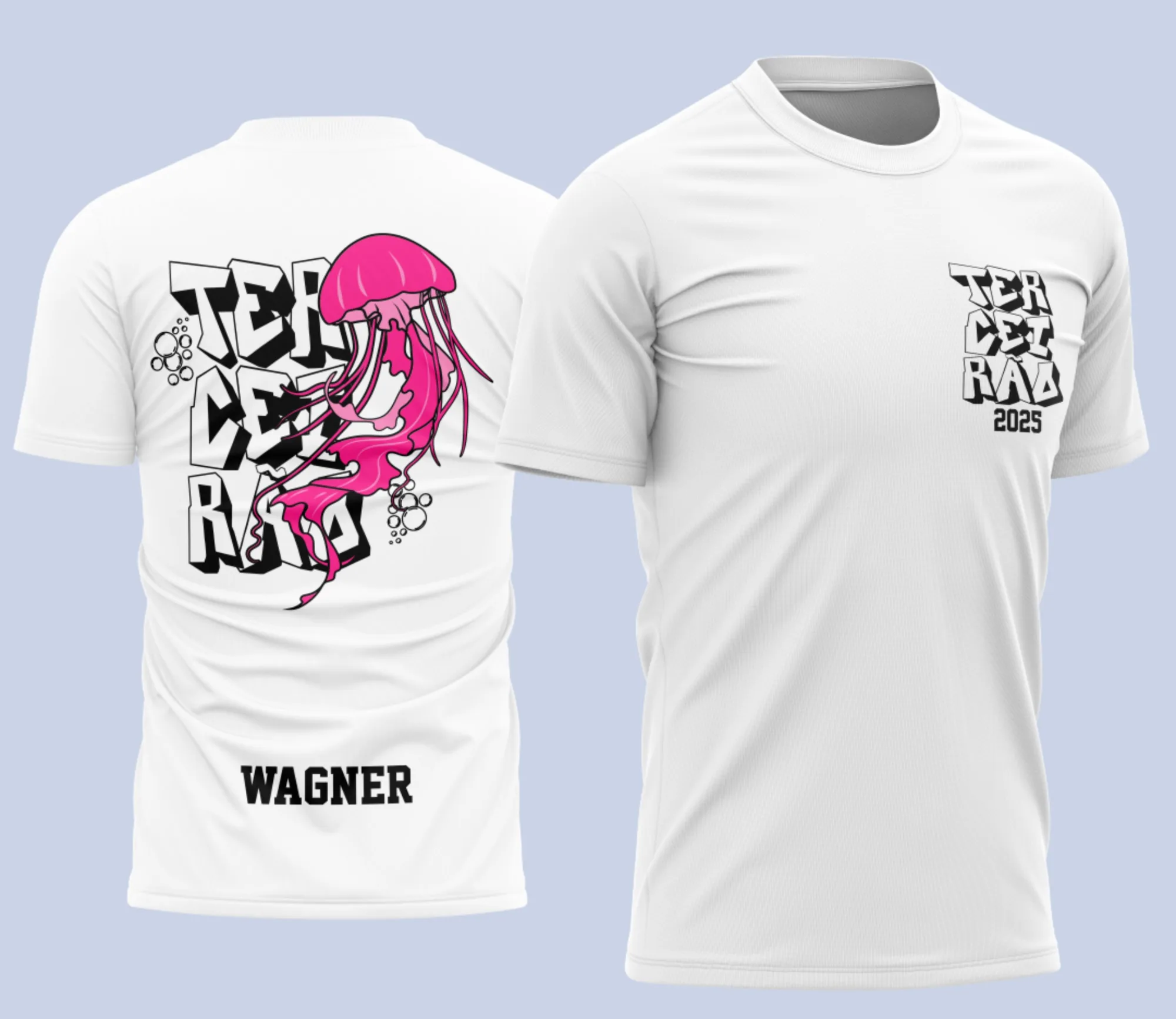 Foto de camiseta unissex preta com logo no peito e estampa grande nas costas com temática Água Viva Terceirão, ideal para celebrações de turma e eventos escolares.