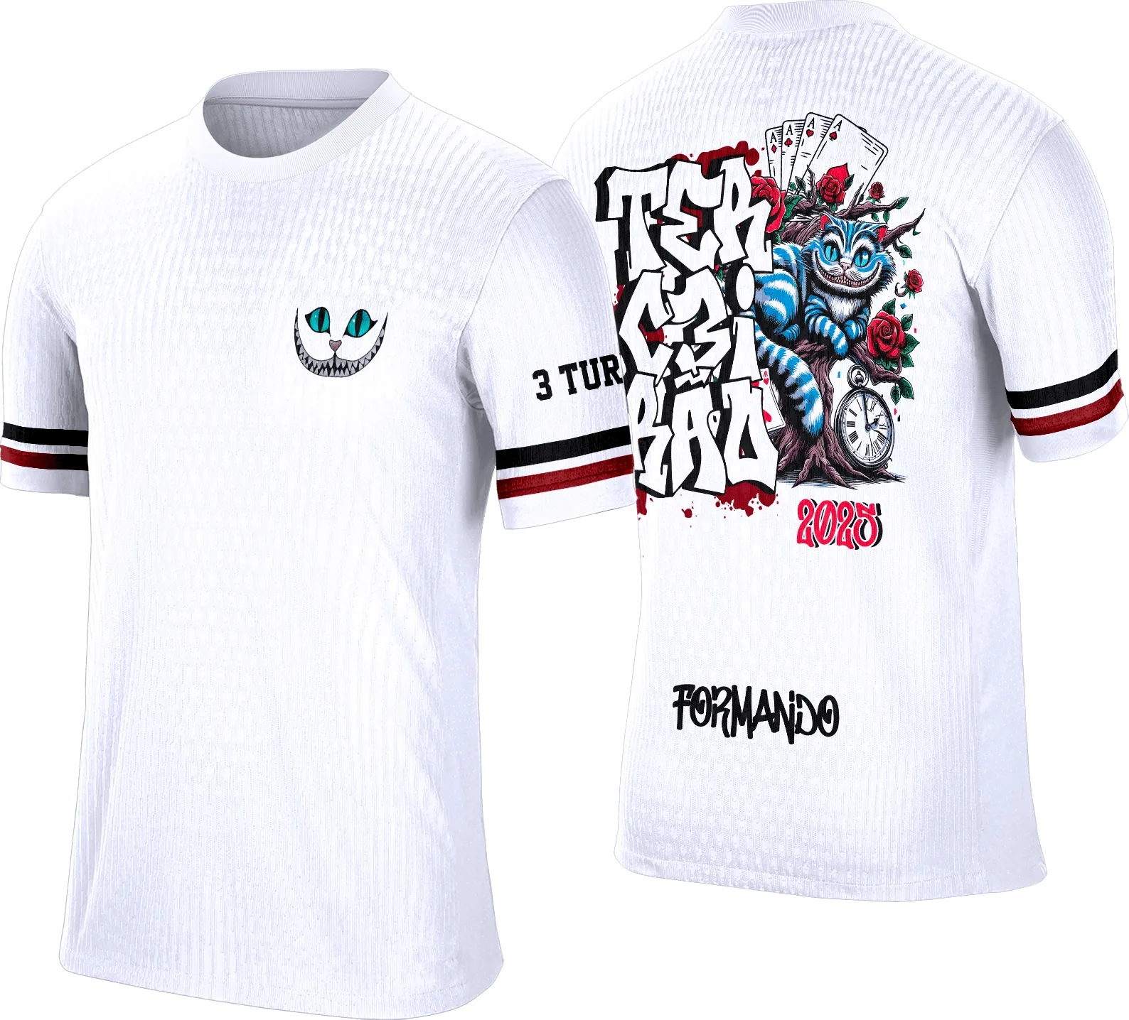 Camiseta unissex preta com logo no peito e estampa grande nas costas com tema Terceirão Wonderland Vintage, design retrô e impactante para estudantes comemorarem o último ano