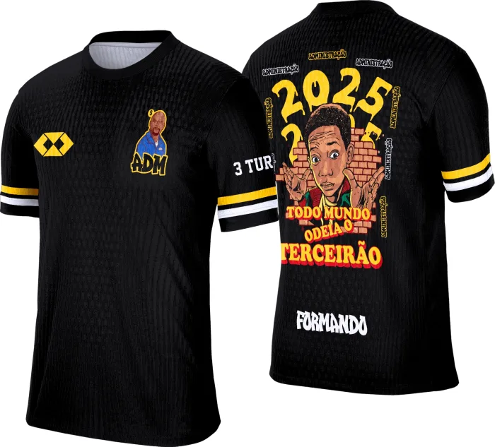 Camiseta unissex preta com logo no peito e estampa grande nas costas do Terceirão Todo Mundo Odeia o Chris ADM, ideal para quem busca estilo jovem e descontraído